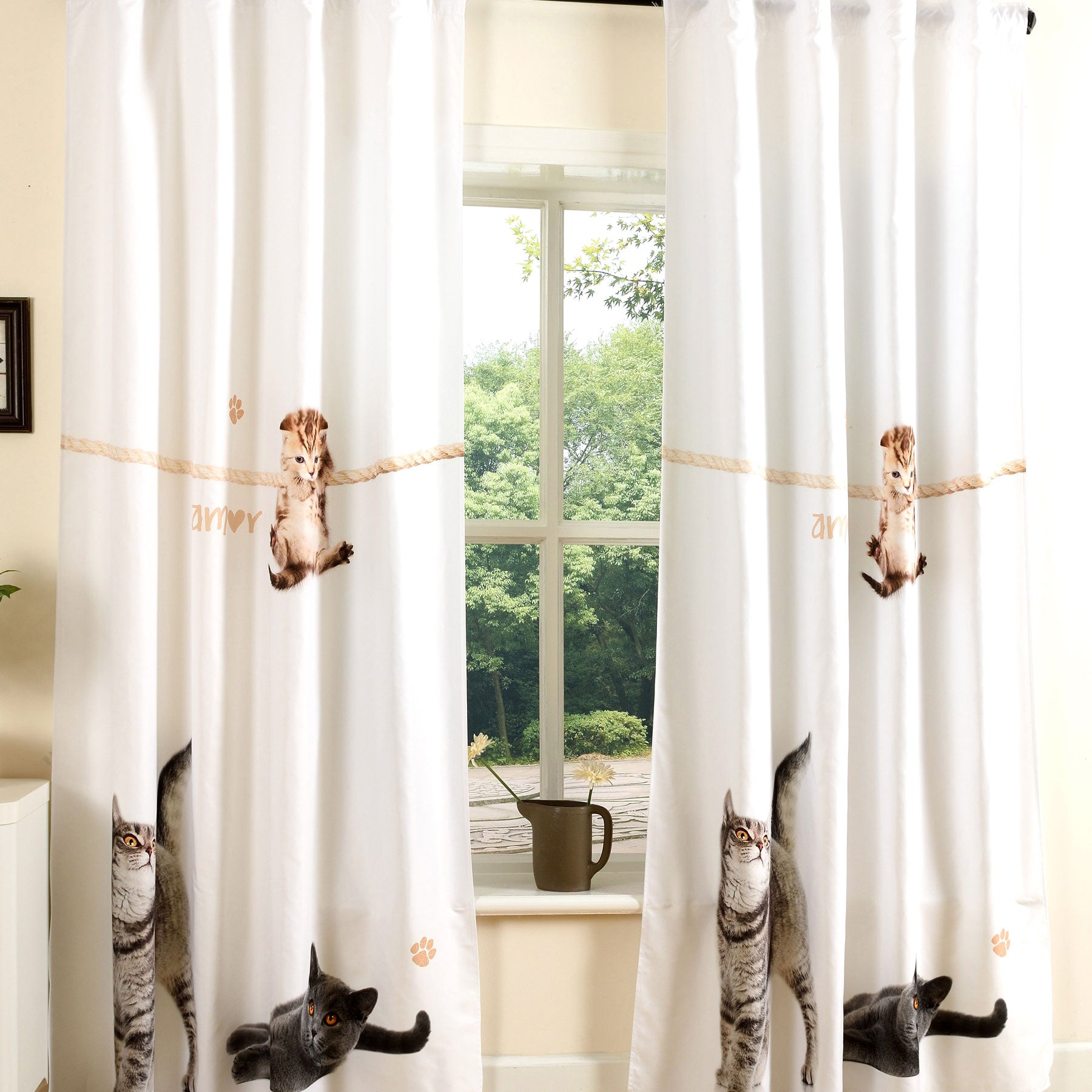 Vorhang Schal blickdicht verdeckte Schlaufen Universalband Digitaldruck (Höhe x Breite cm) 204902 Katzen 2 Stück 245x140 Vorhang Set 204902katzen | Gardinenbox.de
