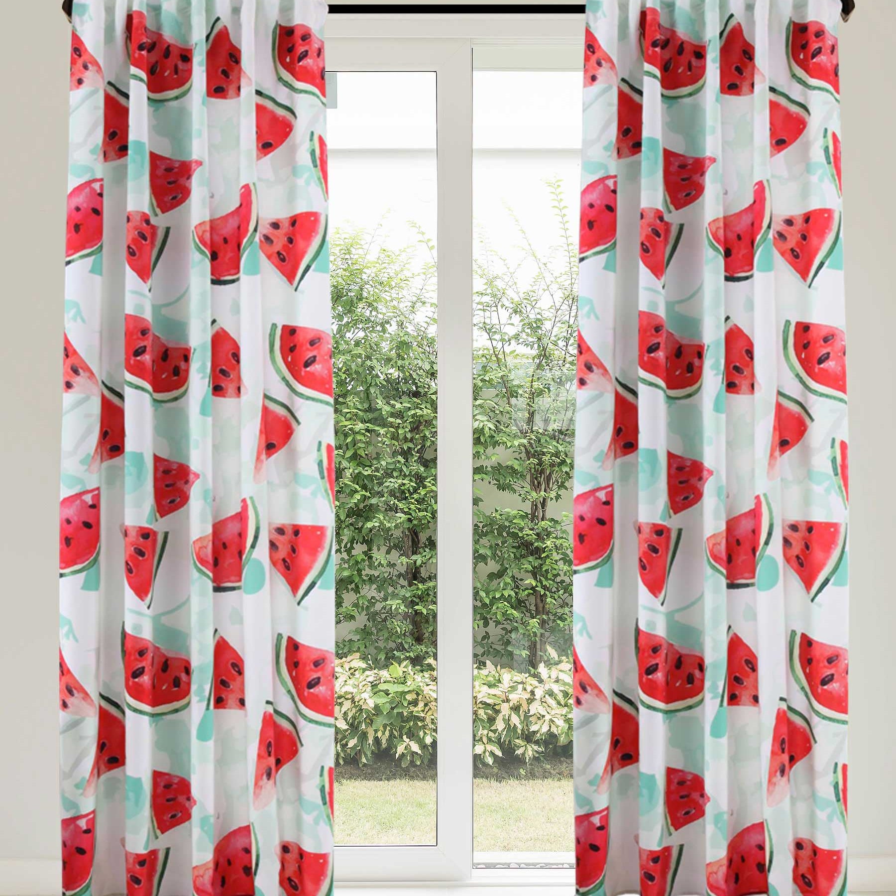 Vorhang Schal blickdicht verdeckte Schlaufen Universalband Digitaldruck (Höhe x Breite cm) 204902 Melone 2 Stück 245x140 Vorhang Set 204902melone | Gardinenbox.de
