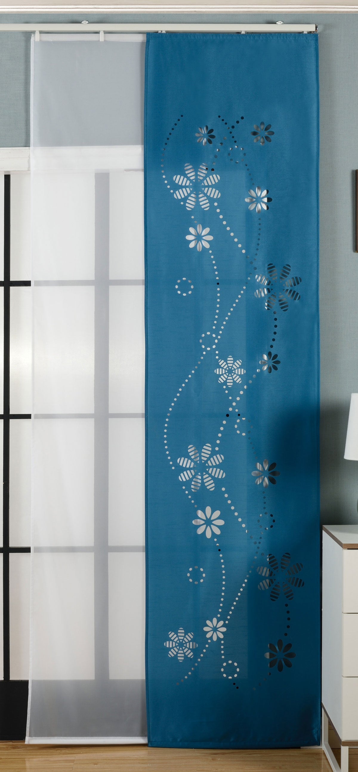 2er-Pack Schiebegardine Flächenvorhang Albi Lasercut Wildseide Optik Voile cm (HxB) inkl. Paneelwagen und Beschwerungsstangen 165630 Petrol Schiebegardine 2er-Pack_Schiebegardine_Flachenvorhang_Albi_Lasercut_Wildseide_Optik_Voile_cm_HxB_inkl._Paneelwagen_und_Beschwerungsstangen_165630_-_Gardinenbox.de_-_-3674749 | Gardinenbox.de