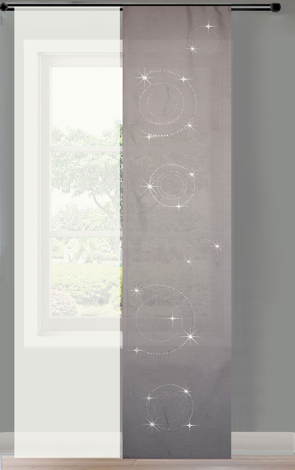 2er Set Schiebegardine Flächenvorhang Circle Strass blickdicht und Voile Paneel transparent 85625 Grau Schiebegardine 2er_Set_Schiebegardine_Flachenvorhang_Circle_Strass_blickdicht_und_Voile_Paneel_transparent_85625_-_Gardinenbox.de_-_-3672557 | Gardinenbox.de