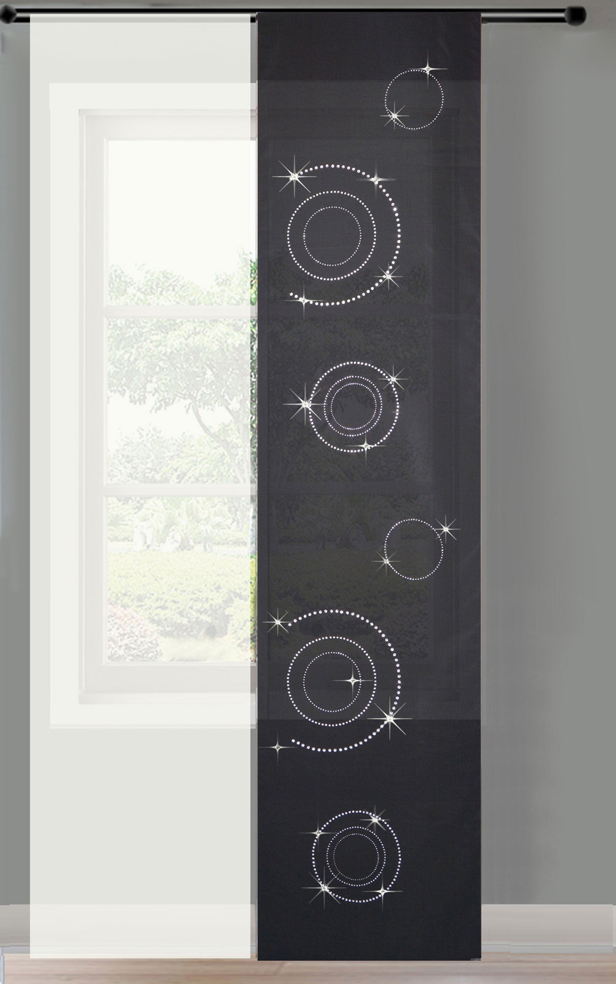 2er Set Schiebegardine Flächenvorhang Circle Strass blickdicht und Voile Paneel transparent 85625 Schwarz Schiebegardine 2er_Set_Schiebegardine_Flachenvorhang_Circle_Strass_blickdicht_und_Voile_Paneel_transparent_85625_-_Gardinenbox.de_-_-3672576 | Gardinenbox.de
