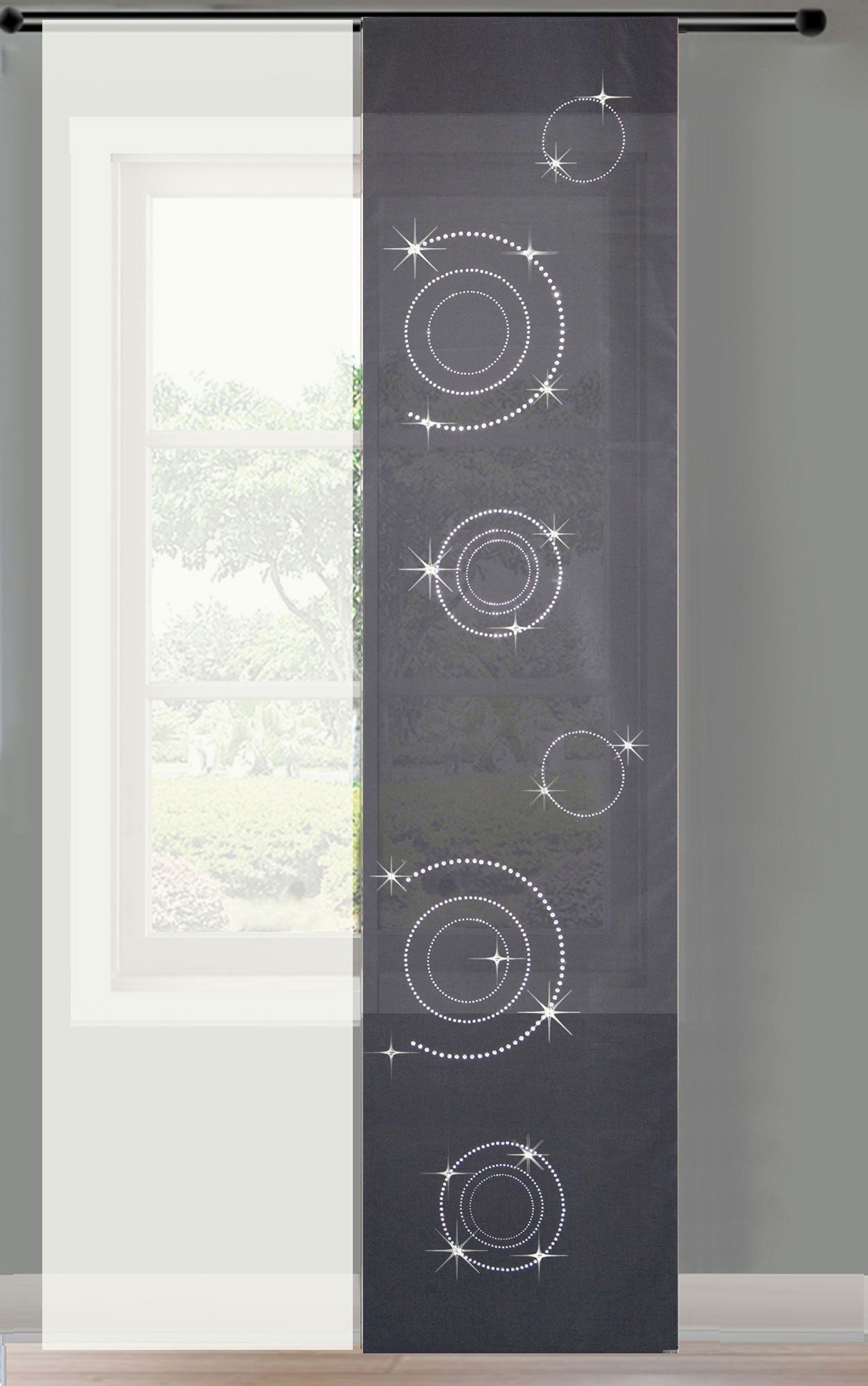 2er Set Schiebegardine Flächenvorhang Circle Strass blickdicht und Voile Paneel transparent 85625 Anthrazit Schiebegardine 2er_Set_Schiebegardine_Flachenvorhang_Circle_Strass_blickdicht_und_Voile_Paneel_transparent_85625_-_Gardinenbox.de_-_-3672593 | Gardinenbox.de