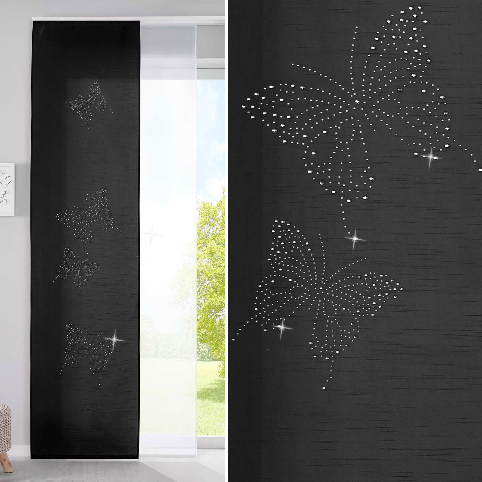 2er Set Schiebegardinen Flächenvorhänge Butterfly Strass Vorhänge Gardinen mit Paneelwagen Beschwerungsstangen 85626N Schwarz Schiebegardine 2er_Set_Schiebegardinen_Flachenvorhange_Butterfly_Strass_Vorhange_Gardinen_mit_Paneelwagen_Beschwerungsstangen_85626N_-_Gardinenbox.de_-_-3672606 | Gardinenbox.de