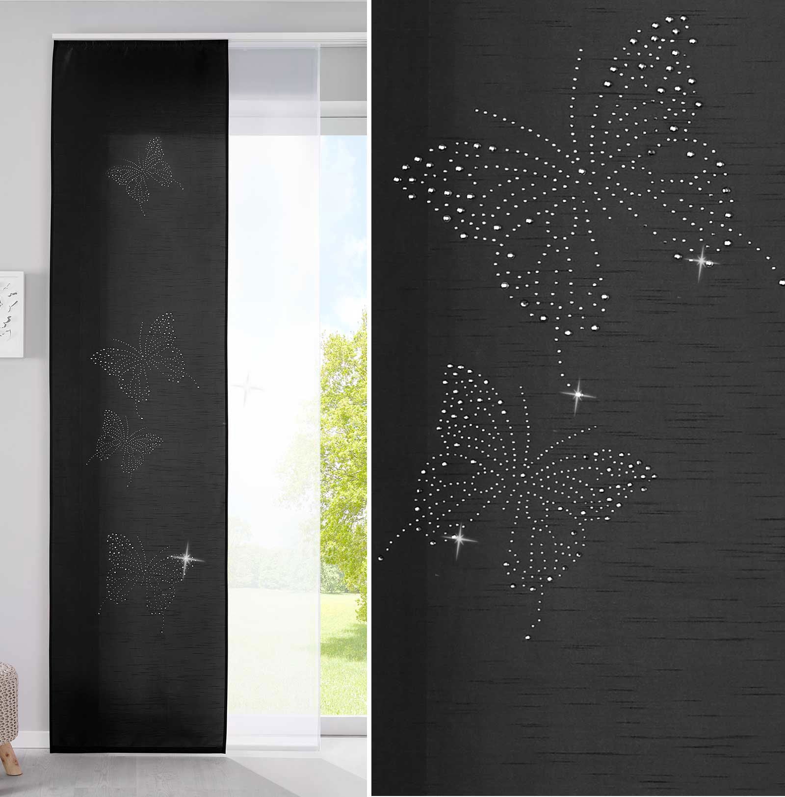 2er Set Schiebegardinen Flächenvorhänge Butterfly Strass Vorhänge Gardinen mit Paneelwagen Beschwerungsstangen 85626N Schwarz Schiebegardine 2er_Set_Schiebegardinen_Flachenvorhange_Butterfly_Strass_Vorhange_Gardinen_mit_Paneelwagen_Beschwerungsstangen_85626N_-_Gardinenbox.de_-_-3672606 | Gardinenbox.de