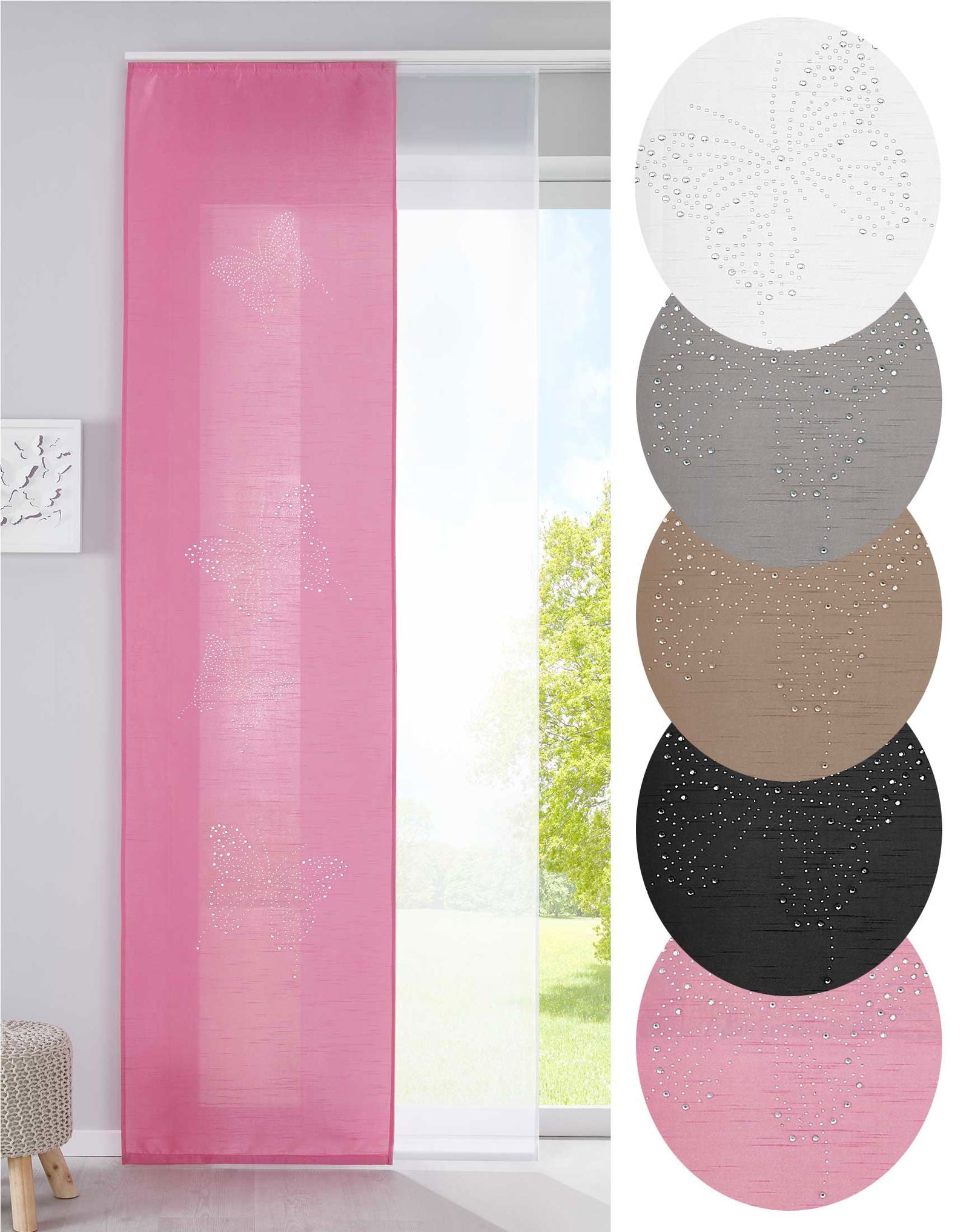 2er Set Schiebegardinen Flächenvorhänge Butterfly Strass Vorhänge Gardinen mit Paneelwagen Beschwerungsstangen 85626N Schiebegardine 2er_Set_Schiebegardinen_Flachenvorhange_Butterfly_Strass_Vorhange_Gardinen_mit_Paneelwagen_Beschwerungsstangen_85626N_-_Gardinenbox.de_-_-3672613 | Gardinenbox.de