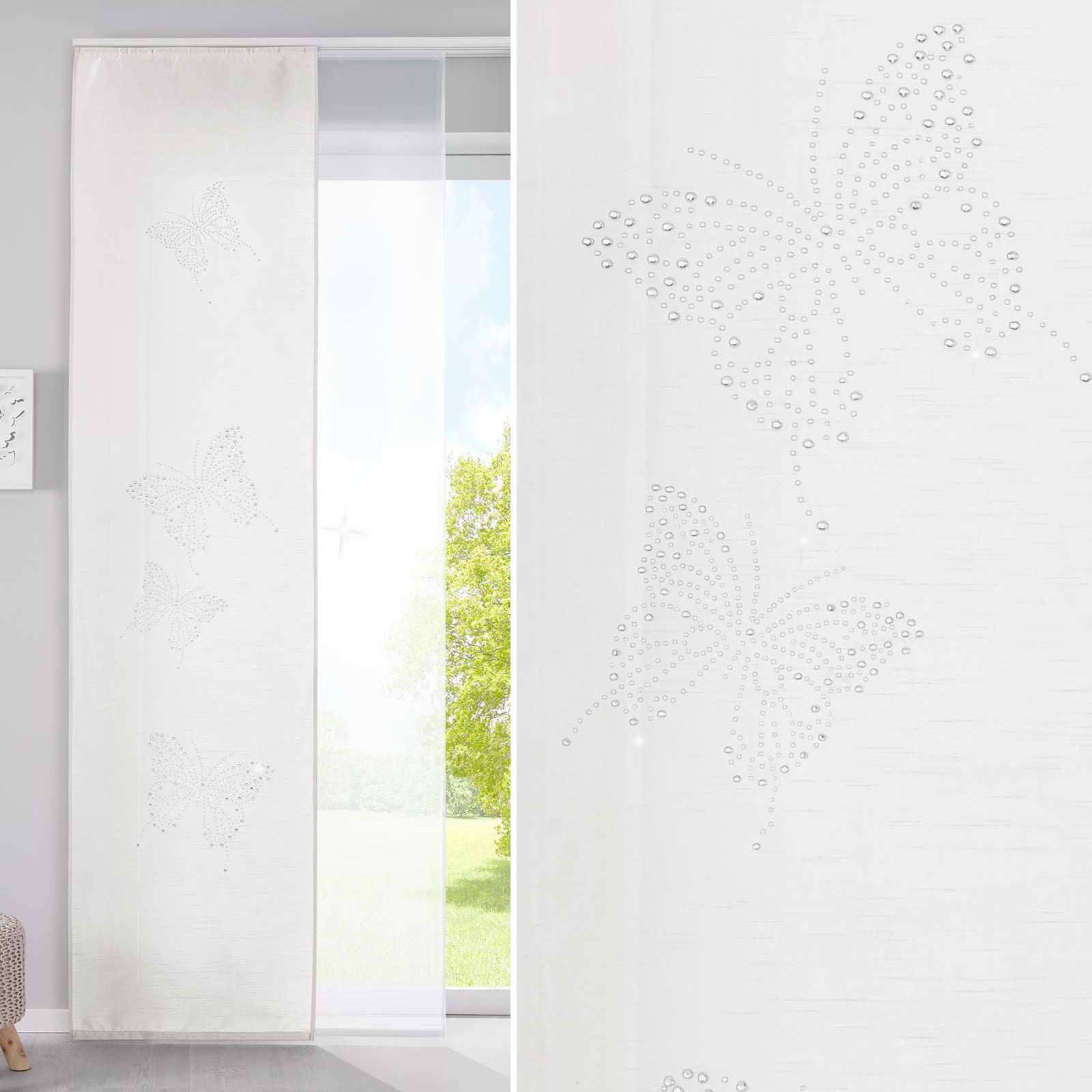 2er Set Schiebegardinen Flächenvorhänge Butterfly Strass Vorhänge Gardinen mit Paneelwagen Beschwerungsstangen 85626N Weiß Schiebegardine 2er_Set_Schiebegardinen_Flachenvorhange_Butterfly_Strass_Vorhange_Gardinen_mit_Paneelwagen_Beschwerungsstangen_85626N_-_Gardinenbox.de_-_-3672641 | Gardinenbox.de