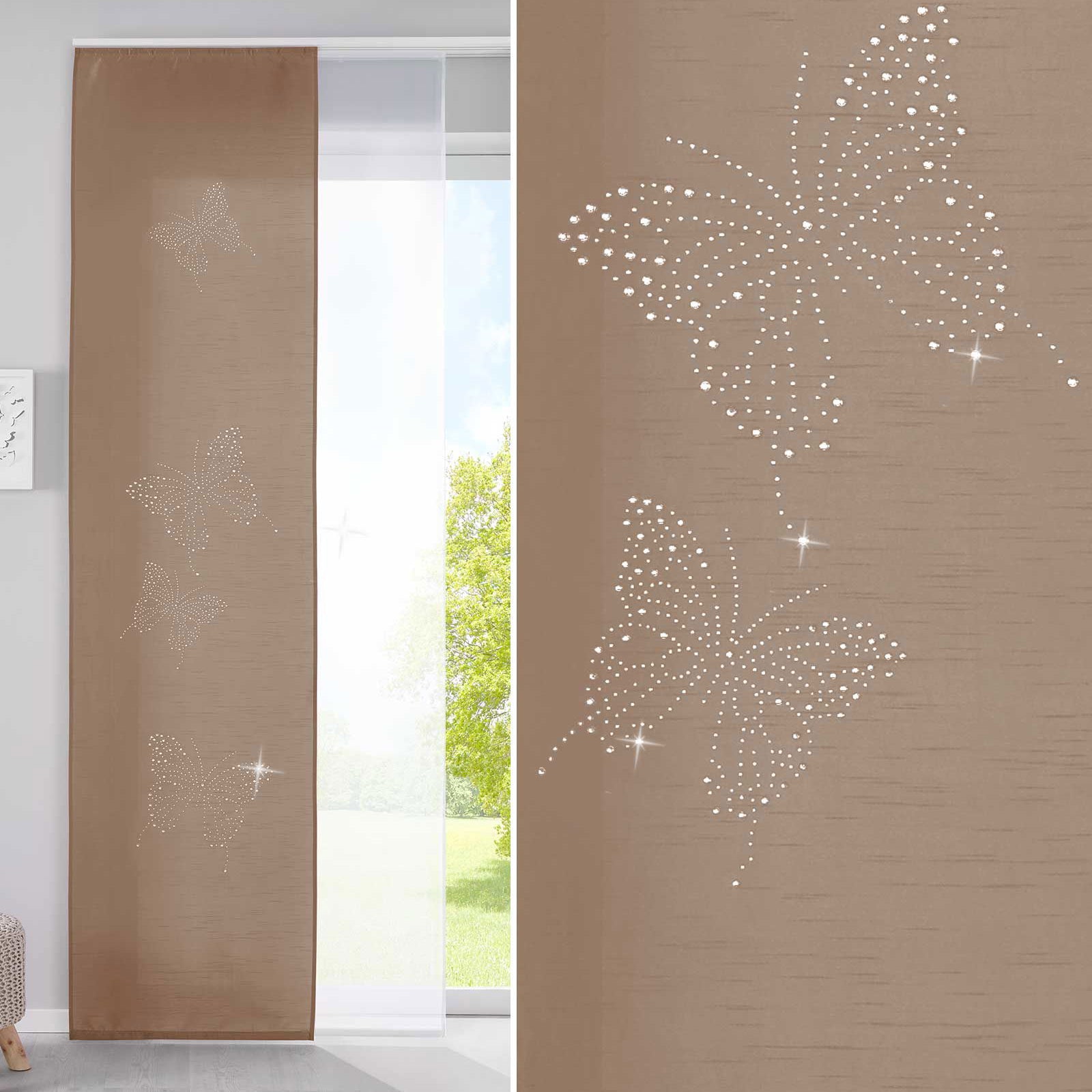 2er Set Schiebegardinen Flächenvorhänge Butterfly Strass Vorhänge Gardinen mit Paneelwagen Beschwerungsstangen 85626N Sand Schiebegardine 2er_Set_Schiebegardinen_Flachenvorhange_Butterfly_Strass_Vorhange_Gardinen_mit_Paneelwagen_Beschwerungsstangen_85626N_-_Gardinenbox.de_-_-3672662 | Gardinenbox.de