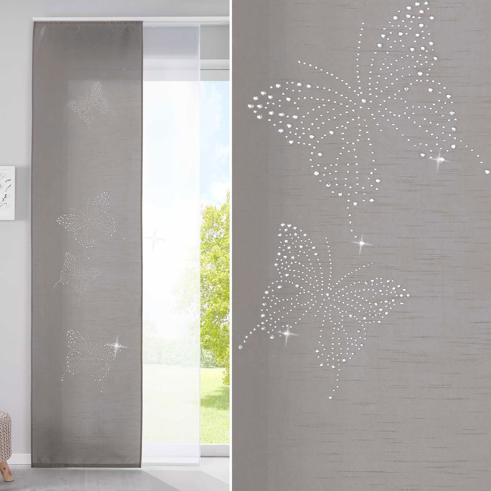 2er Set Schiebegardinen Flächenvorhänge Butterfly Strass Vorhänge Gardinen mit Paneelwagen Beschwerungsstangen 85626N Grau Schiebegardine 2er_Set_Schiebegardinen_Flachenvorhange_Butterfly_Strass_Vorhange_Gardinen_mit_Paneelwagen_Beschwerungsstangen_85626N_-_Gardinenbox.de_-_-3672681 | Gardinenbox.de