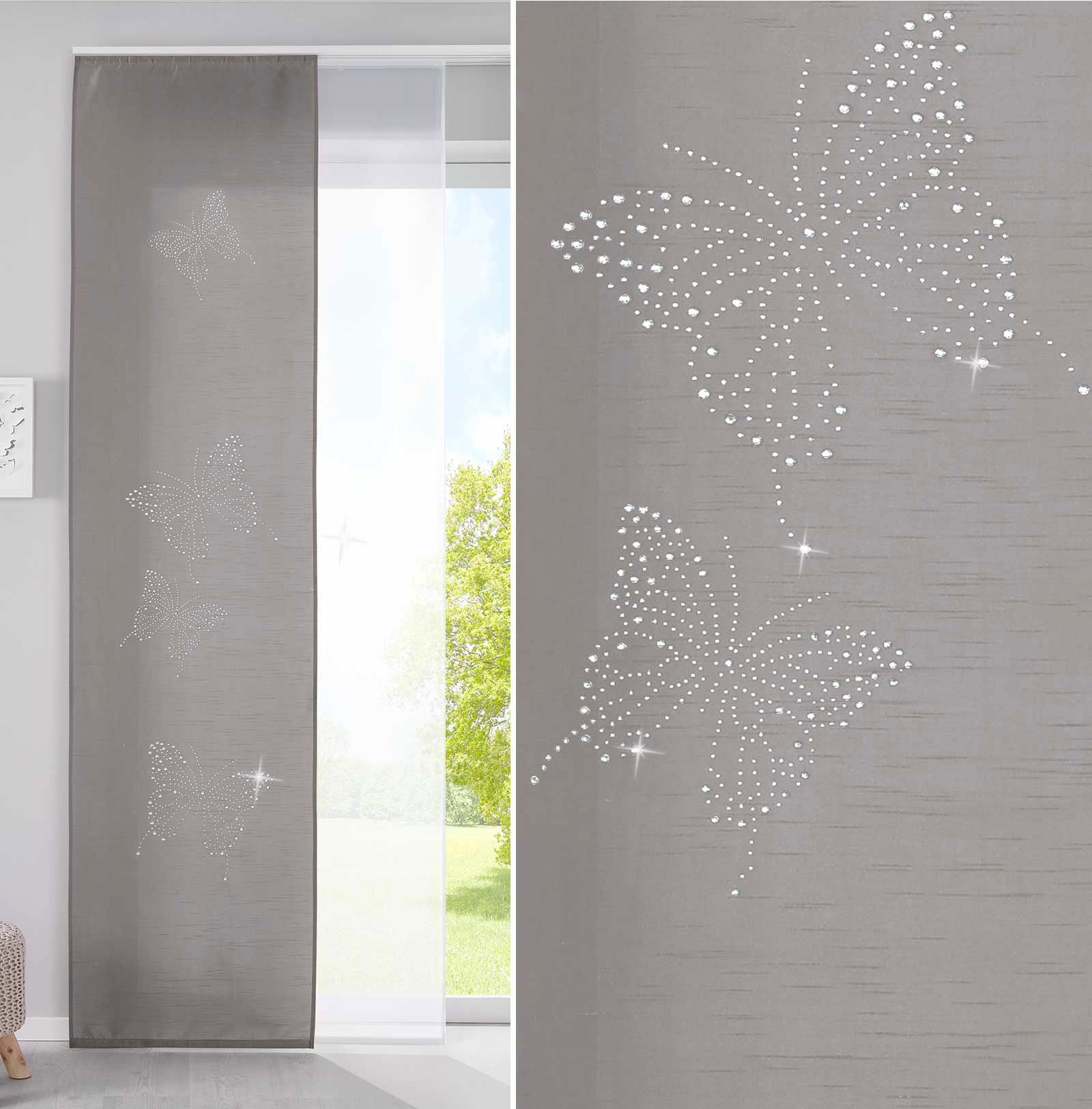 2er Set Schiebegardinen Flächenvorhänge Butterfly Strass Vorhänge Gardinen mit Paneelwagen Beschwerungsstangen 85626N Grau Schiebegardine 2er_Set_Schiebegardinen_Flachenvorhange_Butterfly_Strass_Vorhange_Gardinen_mit_Paneelwagen_Beschwerungsstangen_85626N_-_Gardinenbox.de_-_-3672681 | Gardinenbox.de