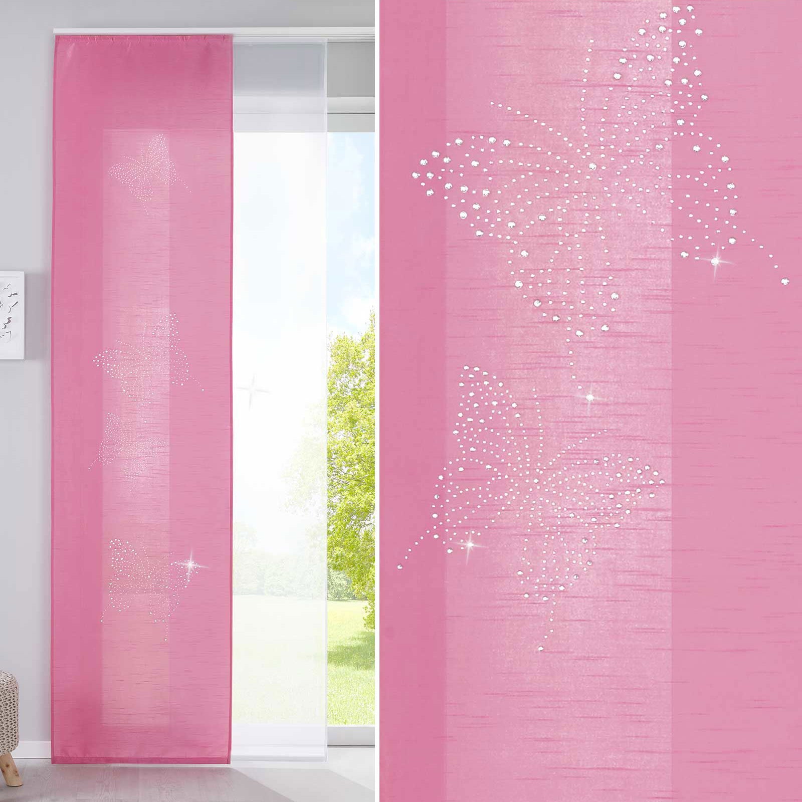 2er Set Schiebegardinen Flächenvorhänge Butterfly Strass Vorhänge Gardinen mit Paneelwagen Beschwerungsstangen 85626N Pink Schiebegardine 2er_Set_Schiebegardinen_Flachenvorhange_Butterfly_Strass_Vorhange_Gardinen_mit_Paneelwagen_Beschwerungsstangen_85626N_-_Gardinenbox.de_-_-3672699 | Gardinenbox.de