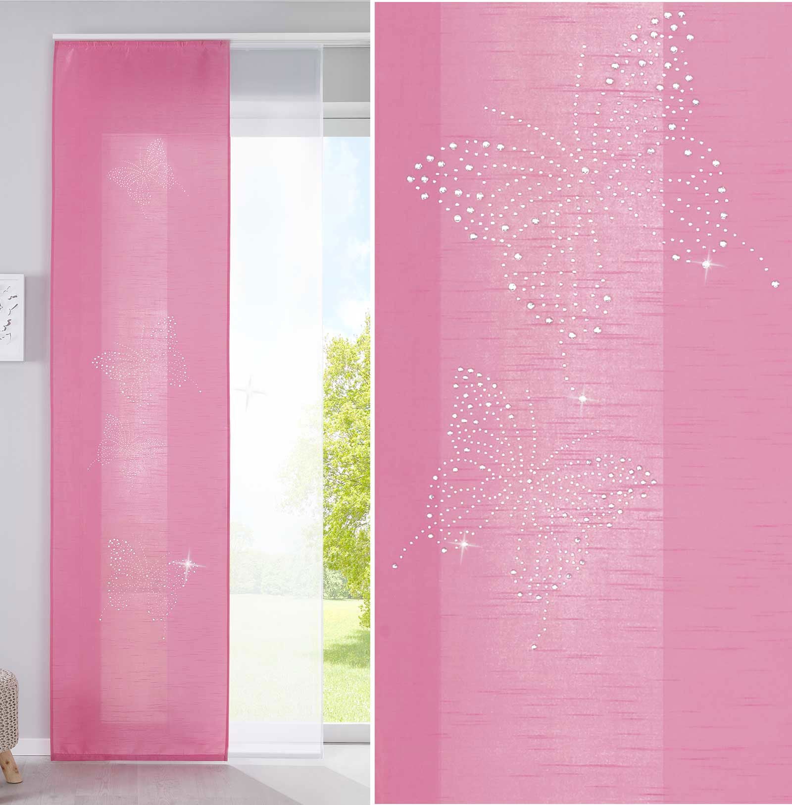 2er Set Schiebegardinen Flächenvorhänge Butterfly Strass Vorhänge Gardinen mit Paneelwagen Beschwerungsstangen 85626N Pink Schiebegardine 2er_Set_Schiebegardinen_Flachenvorhange_Butterfly_Strass_Vorhange_Gardinen_mit_Paneelwagen_Beschwerungsstangen_85626N_-_Gardinenbox.de_-_-3672699 | Gardinenbox.de