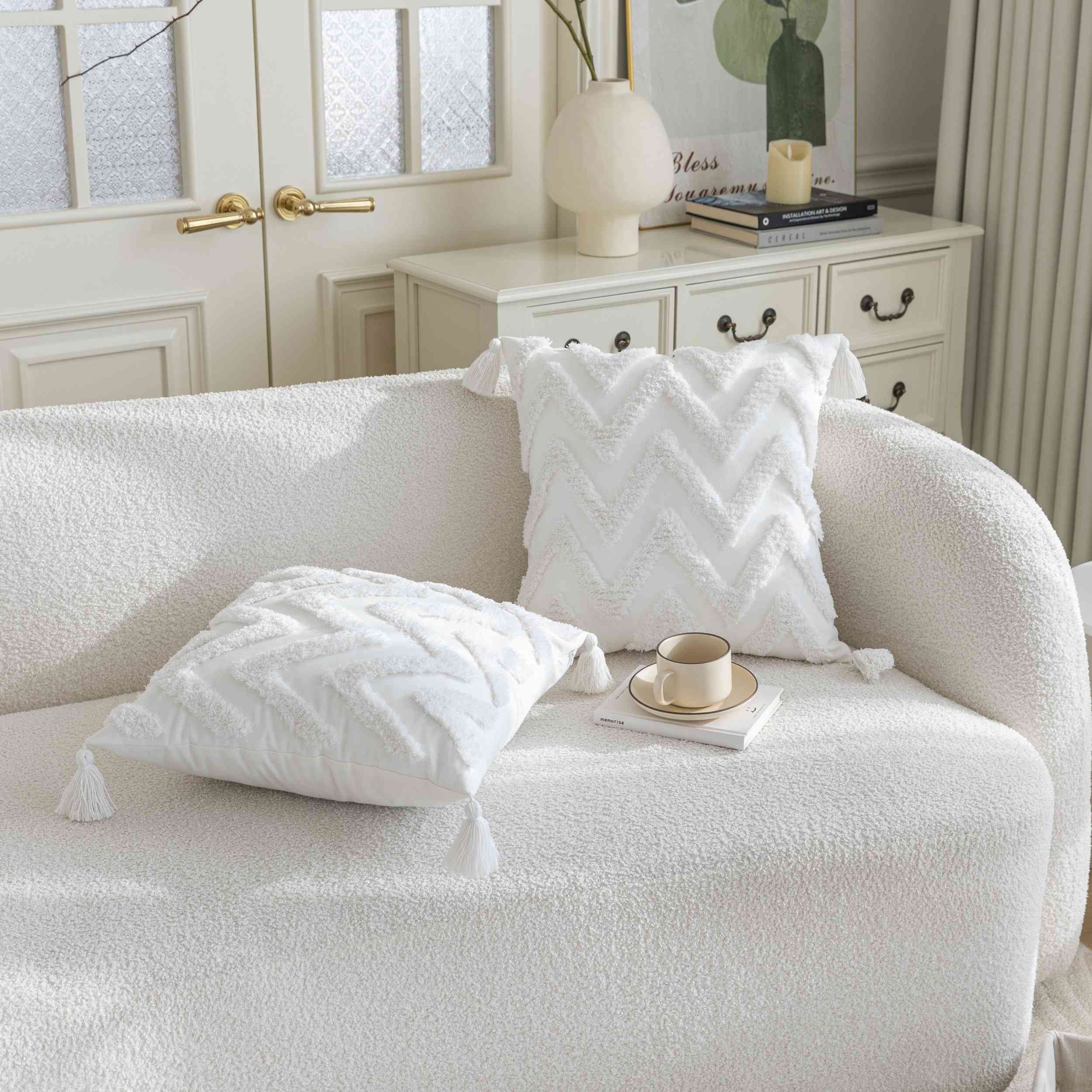 Kissenhülle »Bonn« Frottee-Stickerei 100% Baumwolle Zickzack-Design hochwertiger Leinenstoff 202495K Kissenhülle 3F3A3723 | Gardinenbox.de