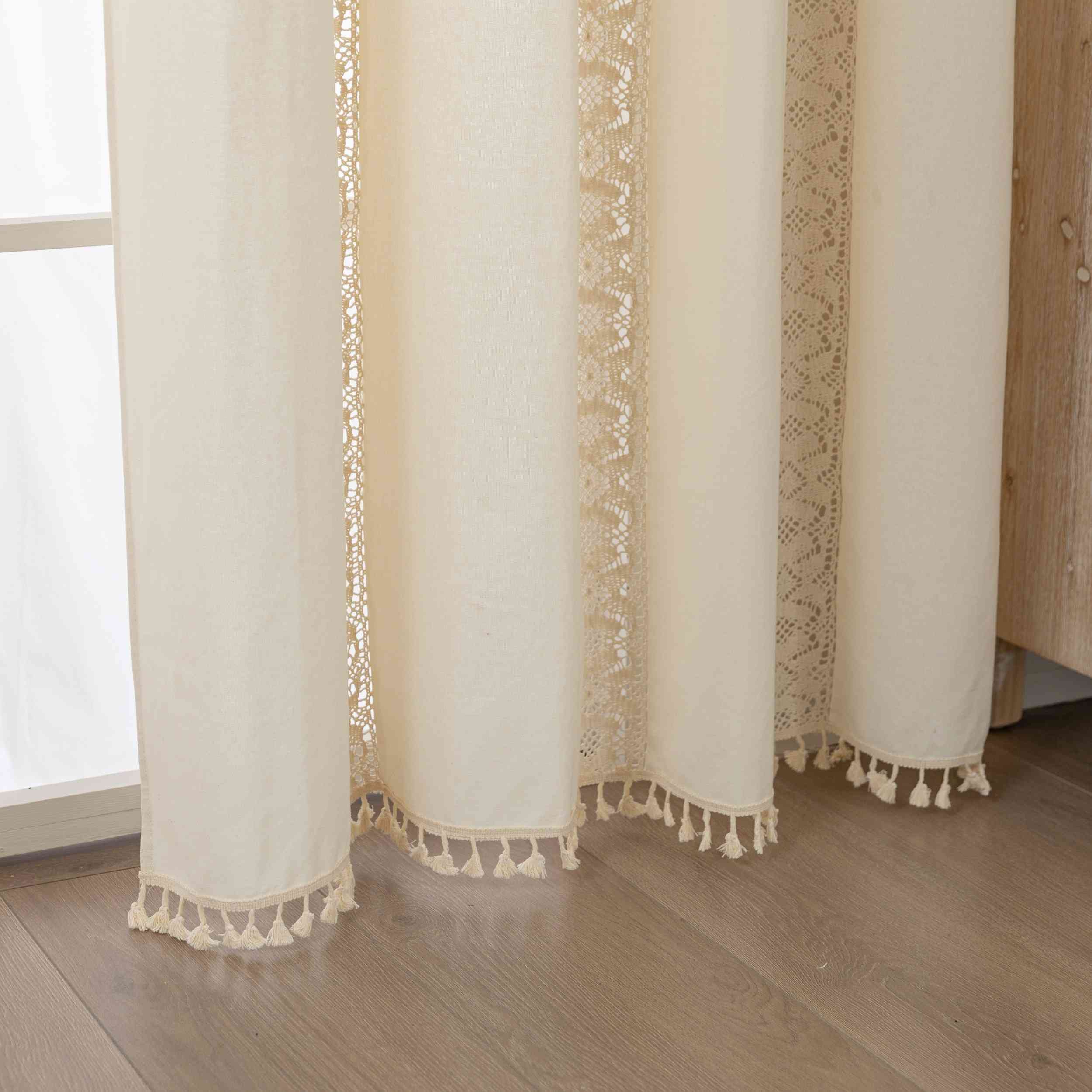 Vorhang Ösen »Osaka« HxB 245x140 cm Creme 100% Baumwolle Linenlook Makrameespitze Bommeln Raffhalter Gardinenschal 3F3A7209 | Gardinenbox.de