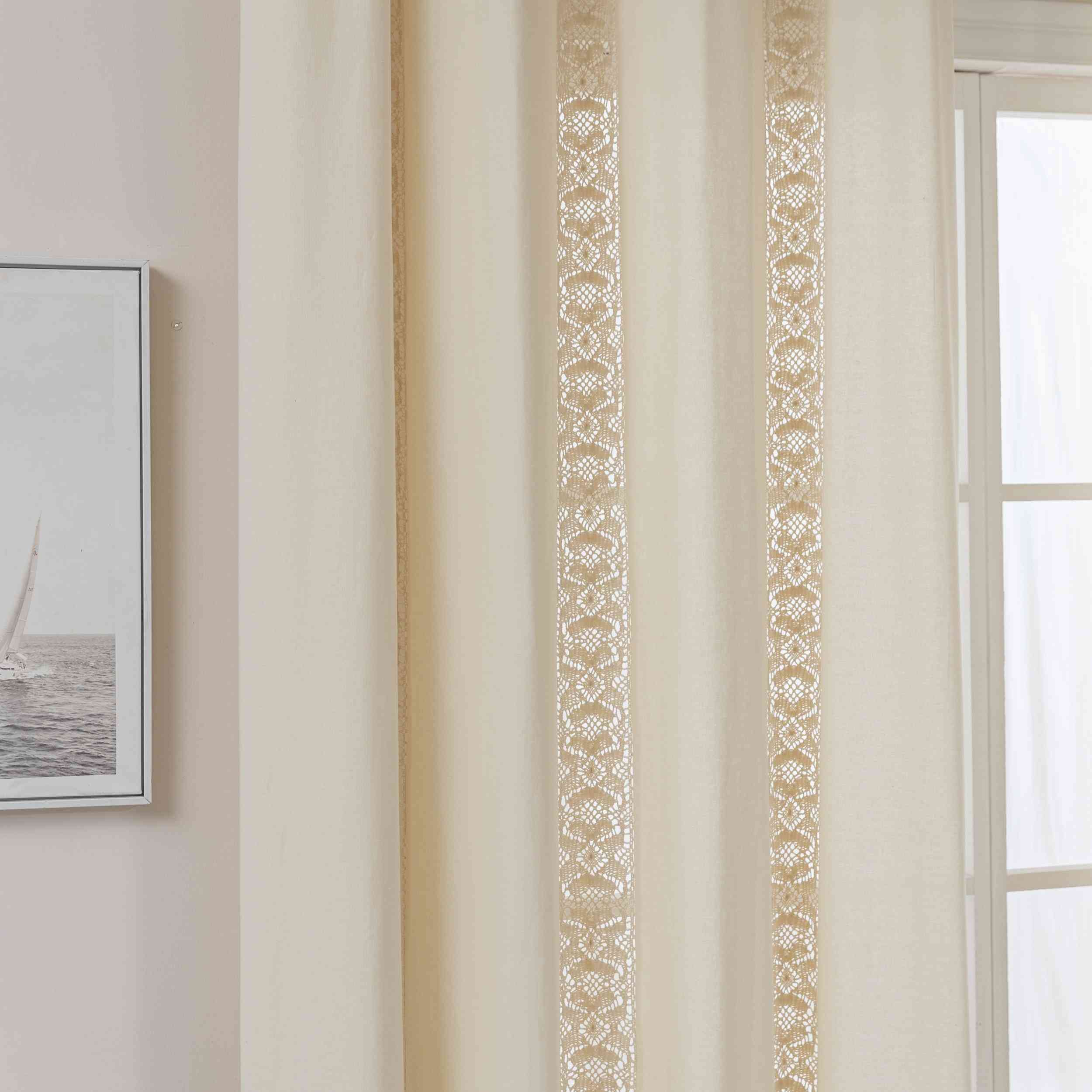 Vorhang Ösen »Osaka« HxB 245x140 cm Creme 100% Baumwolle Linenlook Makrameespitze Bommeln Raffhalter Gardinenschal 3F3A7213 | Gardinenbox.de