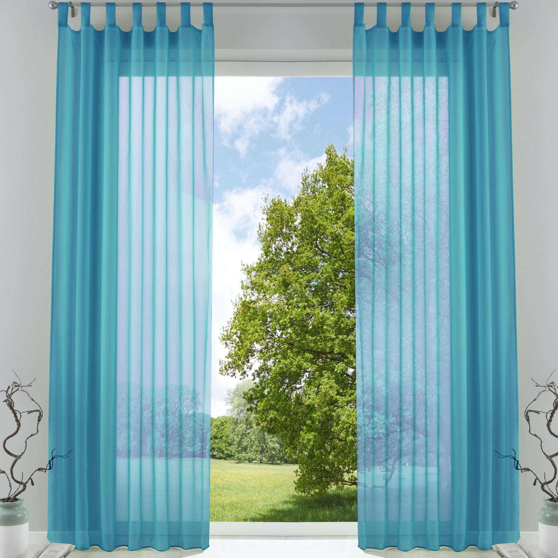 2er-Pack Gardinen Transparent Vorhang Set Wohnzimmer Voile Schlaufenschal mit Bleibandabschluß 61000CN Blau HxB 245x140 cm Gardinen Set 61000CNblau | Gardinenbox.de