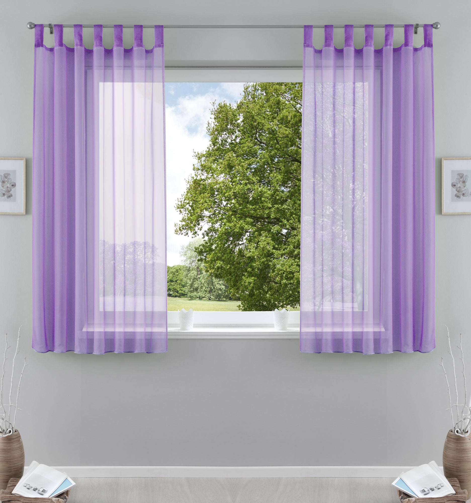 2er-Pack Gardinen Transparent Vorhang Set Wohnzimmer Voile Schlaufenschal mit Bleibandabschluß 61000CN Flieder HxB 175x140 cm Gardinen Set 61000CNflieder-175 | Gardinenbox.de