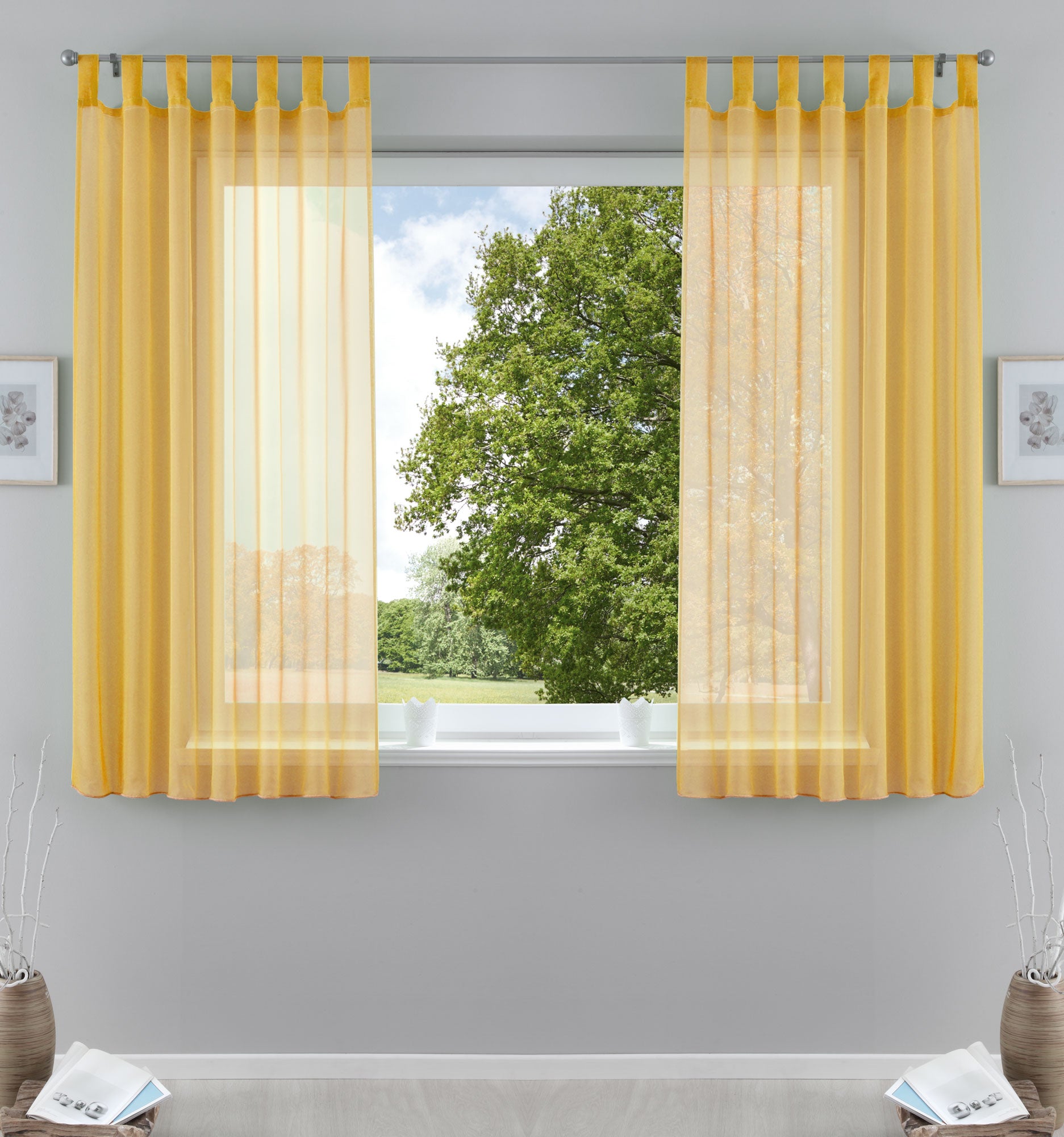 2er-Pack Gardinen Transparent Vorhang Set Wohnzimmer Voile Schlaufenschal mit Bleibandabschluß 61000CN Gelb HxB 175x140 cm Gardinen Set 61000CNgelb-175 | Gardinenbox.de