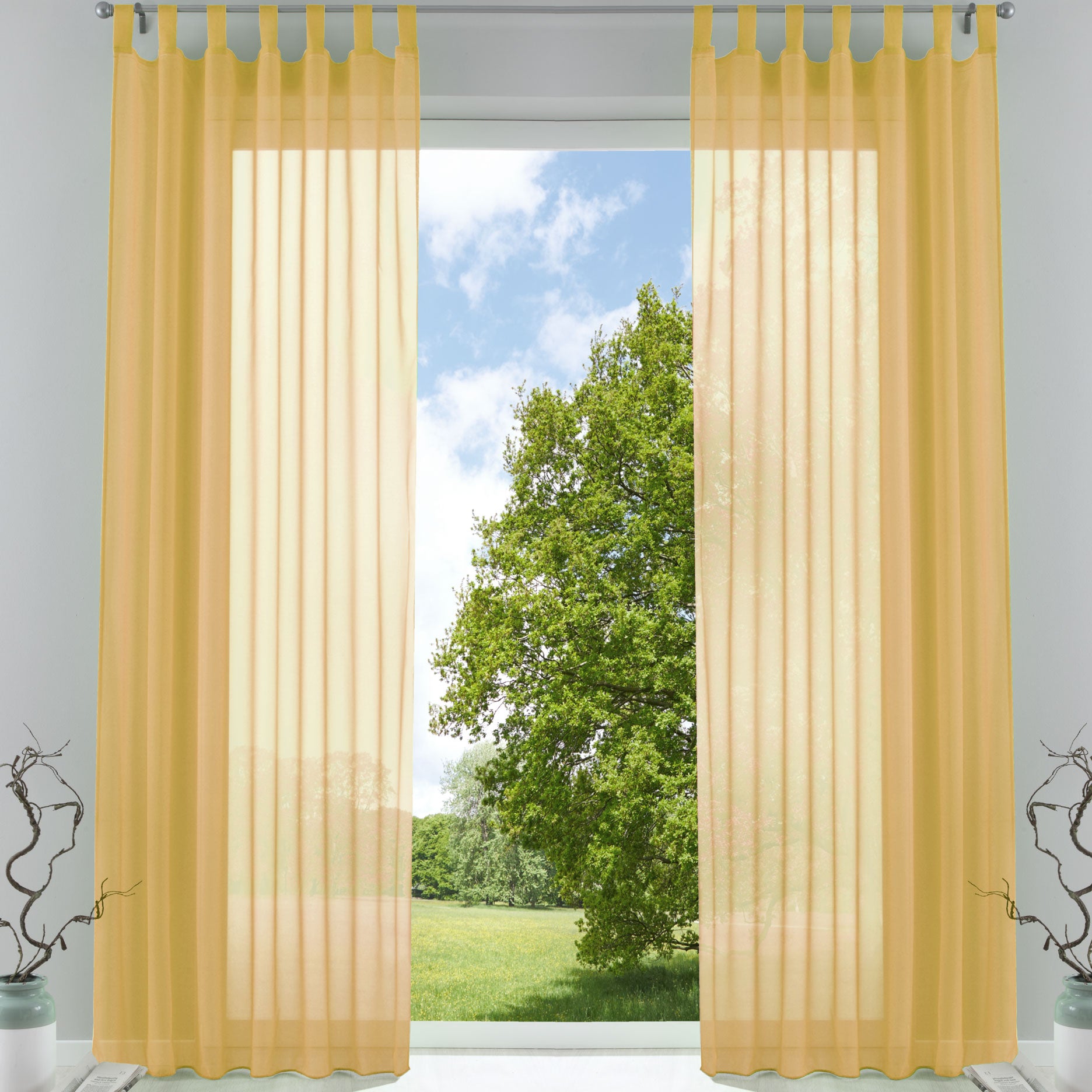 2er-Pack Gardinen Transparent Vorhang Set Wohnzimmer Voile Schlaufenschal mit Bleibandabschluß 61000CN Gelb HxB 245x140 cm Gardinen Set 61000CNgelb | Gardinenbox.de