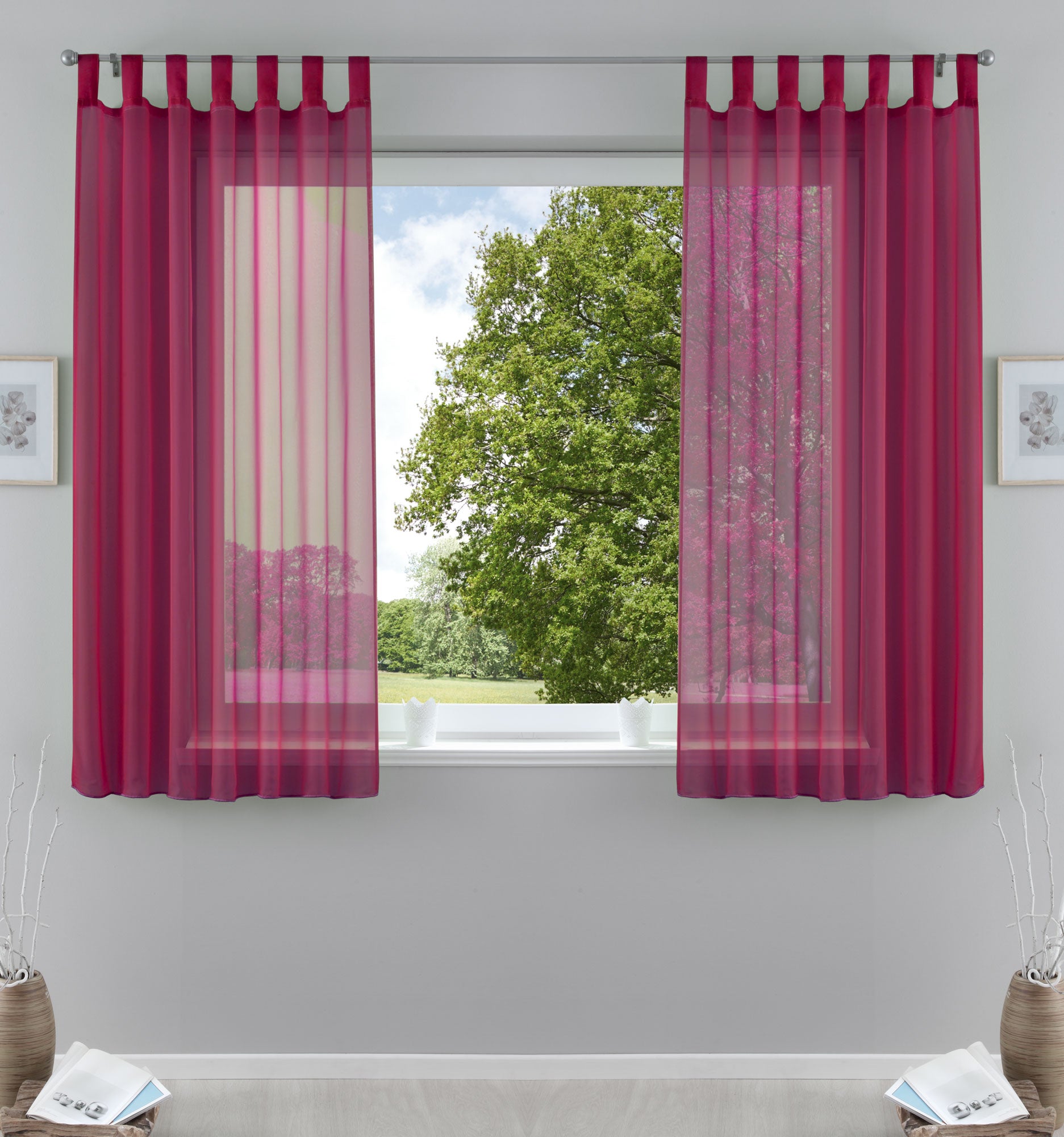 2er-Pack Gardinen Transparent Vorhang Set Wohnzimmer Voile Schlaufenschal mit Bleibandabschluß 61000CN Himbeere HxB 175x140 cm Gardinen Set 61000CNhimbeere-175 | Gardinenbox.de