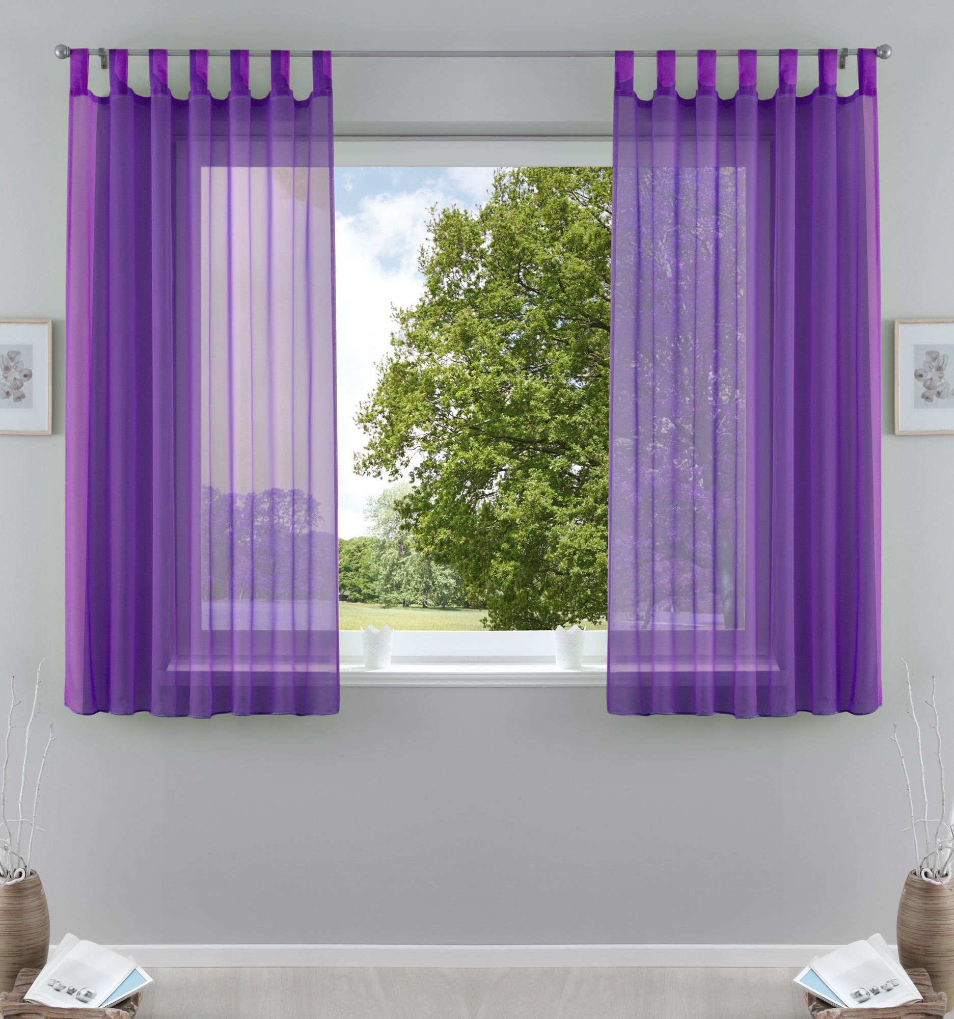 2er-Pack Gardinen Transparent Vorhang Set Wohnzimmer Voile Schlaufenschal mit Bleibandabschluß 61000CN Lila HxB 175x140 cm Gardinen Set 61000CNlila-175 | Gardinenbox.de