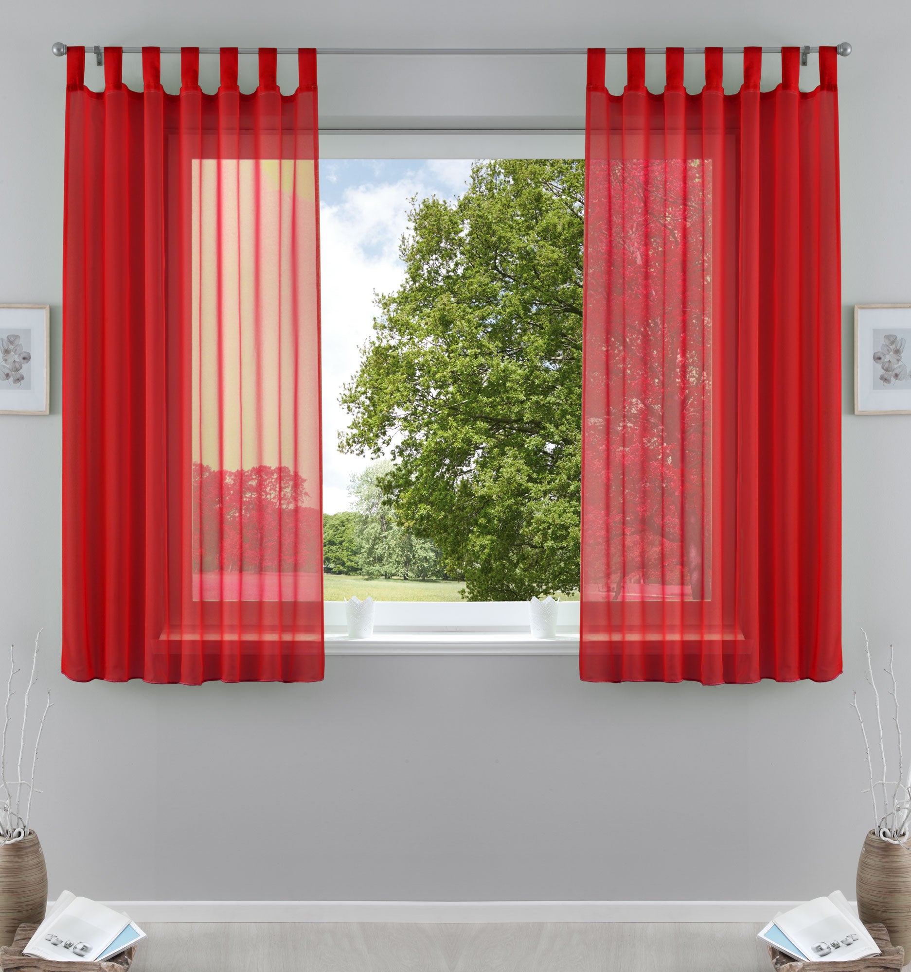 2er-Pack Gardinen Transparent Vorhang Set Wohnzimmer Voile Schlaufenschal mit Bleibandabschluß 61000CN Rot HxB 175x140 cm Gardinen Set 61000CNrot-175 | Gardinenbox.de
