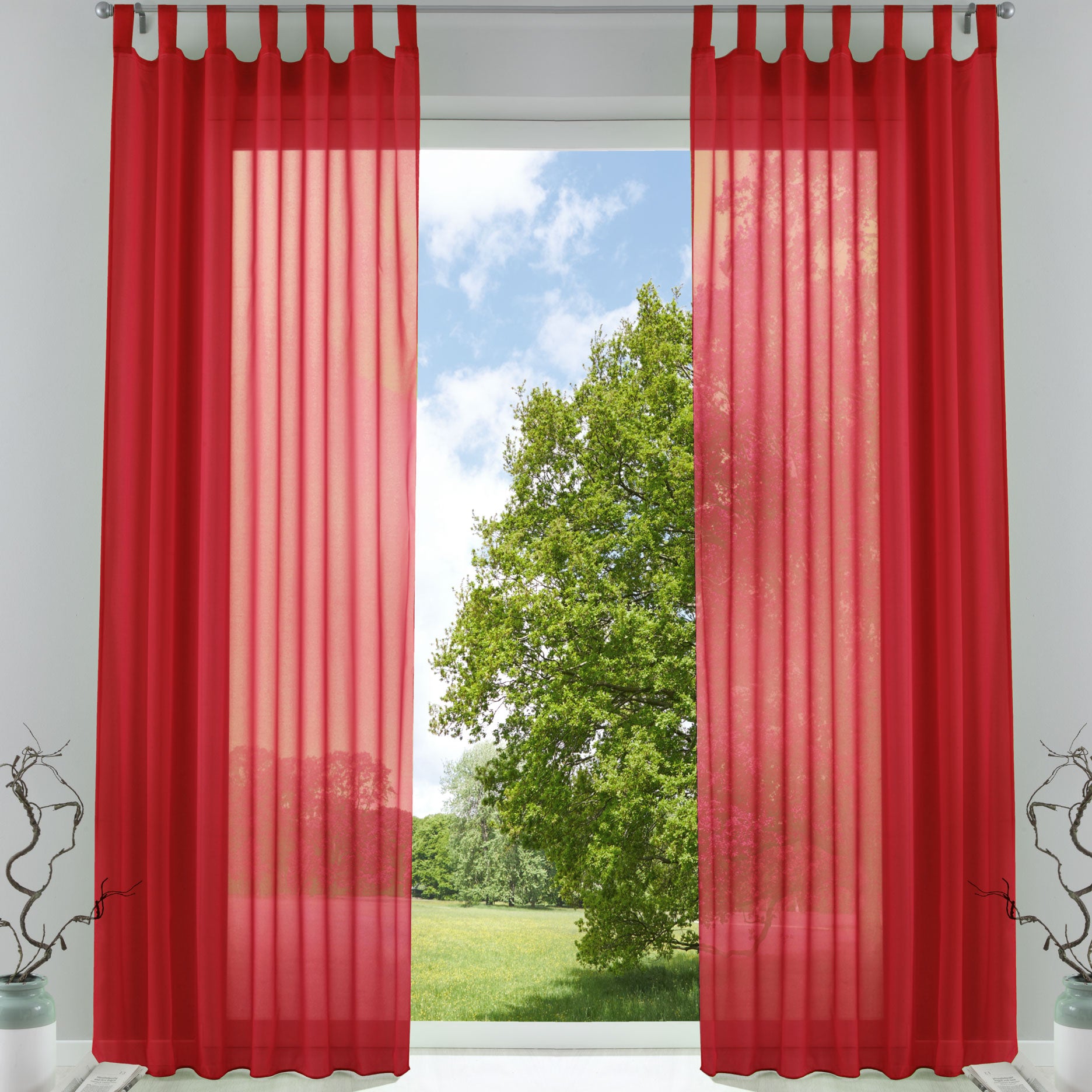2er-Pack Gardinen Transparent Vorhang Set Wohnzimmer Voile Schlaufenschal mit Bleibandabschluß 61000CN Rot HxB 245x140 cm Gardinen Set 61000CNrot | Gardinenbox.de