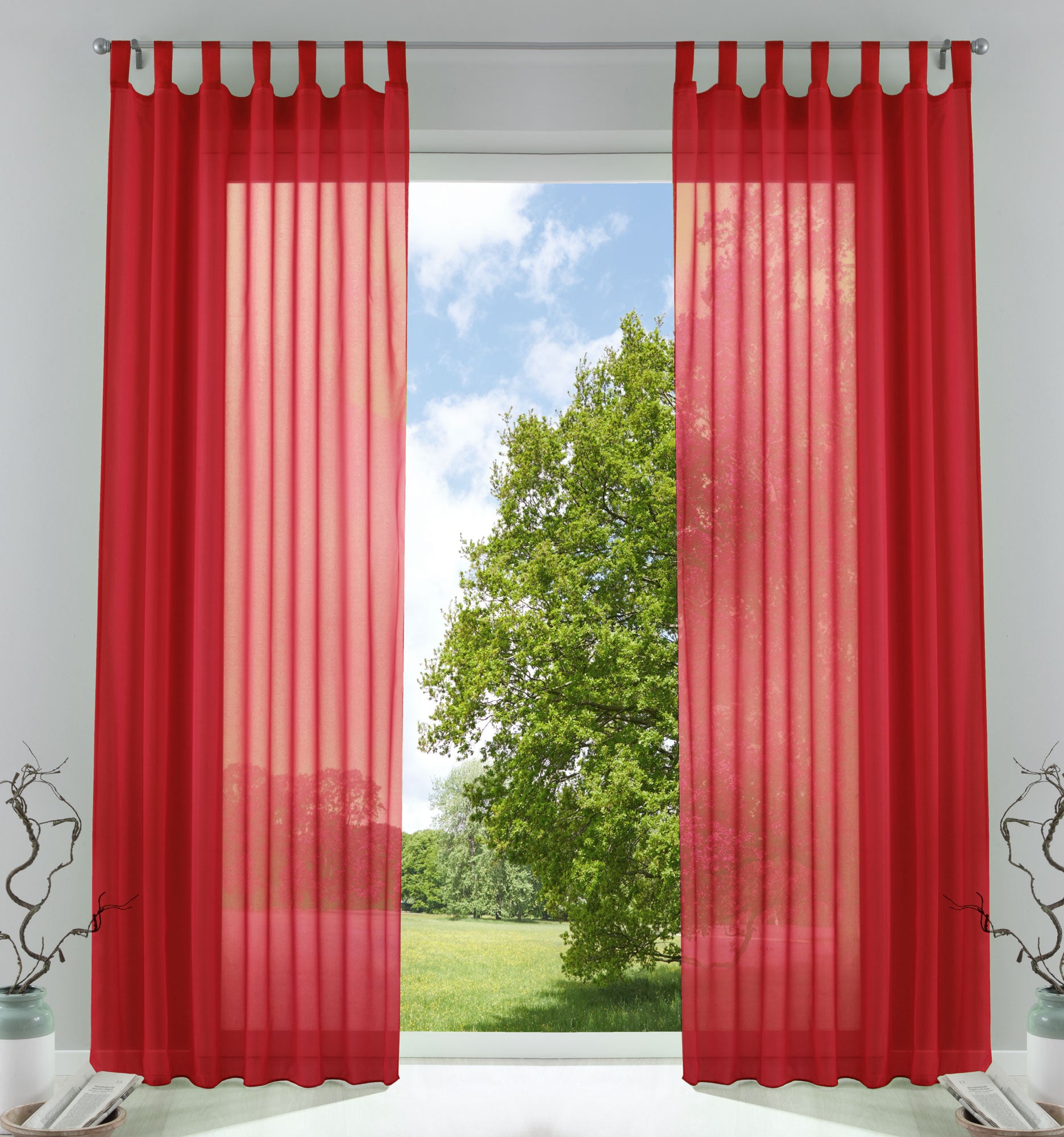 2er-Pack Gardinen Transparent Vorhang Set Wohnzimmer Voile Schlaufenschal mit Bleibandabschluß 61000CN Rot HxB 245x140 cm Gardinen Set 61000CNrot | Gardinenbox.de