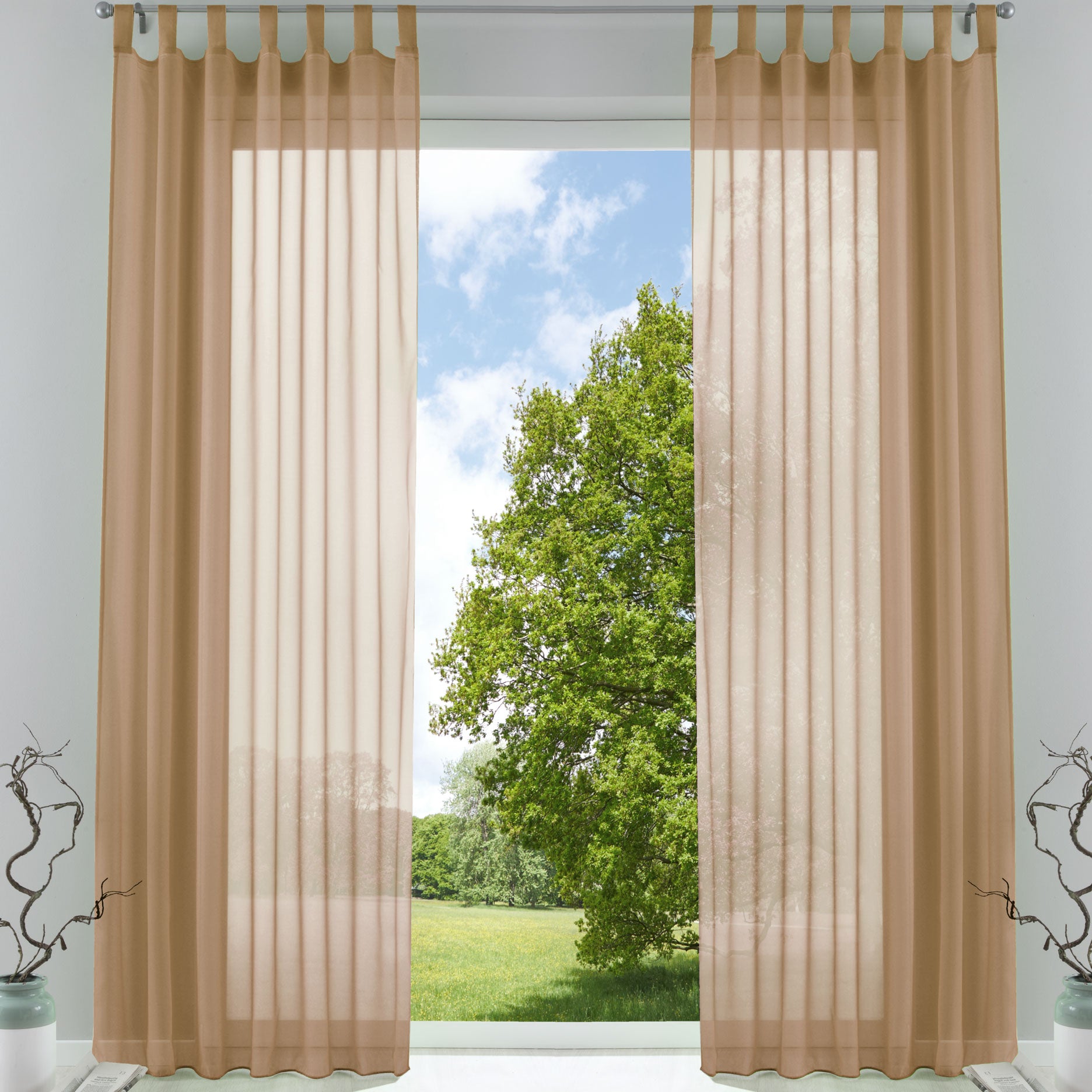 2er-Pack Gardinen Transparent Vorhang Set Wohnzimmer Voile Schlaufenschal mit Bleibandabschluß 61000CN Sand HxB 245x140 cm Gardinen Set 61000CNsand | Gardinenbox.de