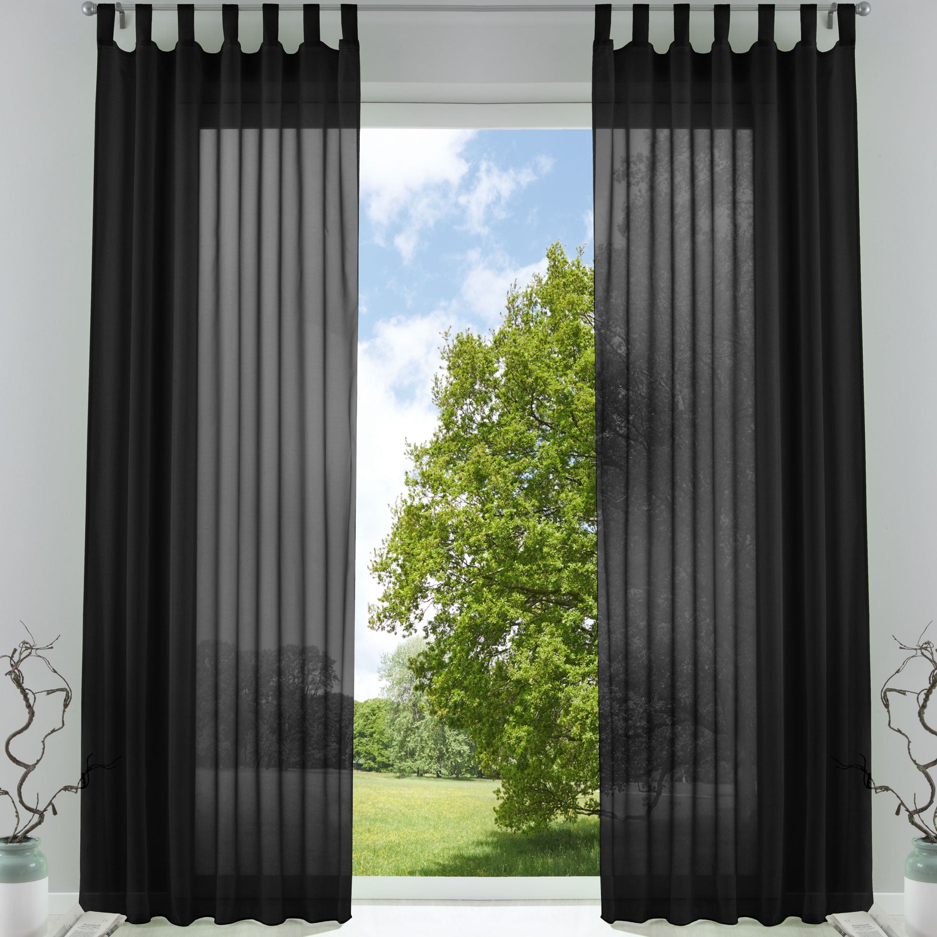 2er-Pack Gardinen Transparent Vorhang Set Wohnzimmer Voile Schlaufenschal mit Bleibandabschluß 61000CN Schwarz HxB 245x140 cm Gardinen Set 61000CNschwarz | Gardinenbox.de
