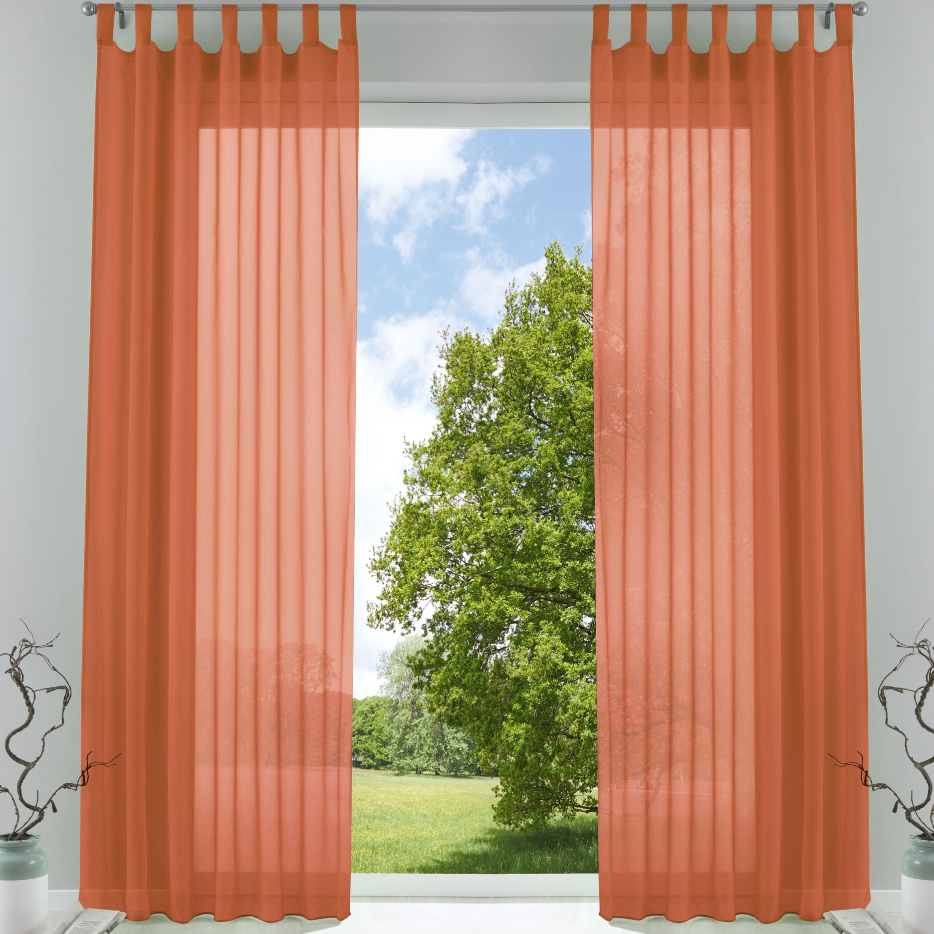 2er-Pack Gardinen Transparent Vorhang Set Wohnzimmer Voile Schlaufenschal mit Bleibandabschluß 61000CN Terrakotta HxB 245x140 cm Gardinen Set 61000CNterrakotta | Gardinenbox.de