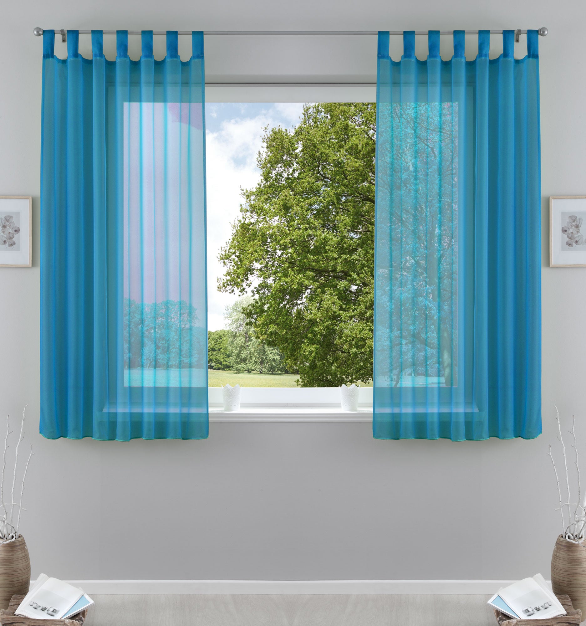 2er-Pack Gardinen Transparent Vorhang Set Wohnzimmer Voile Schlaufenschal mit Bleibandabschluß 61000CN Türkis HxB 175x140 cm Gardinen Set 61000CNtuerkis-175 | Gardinenbox.de