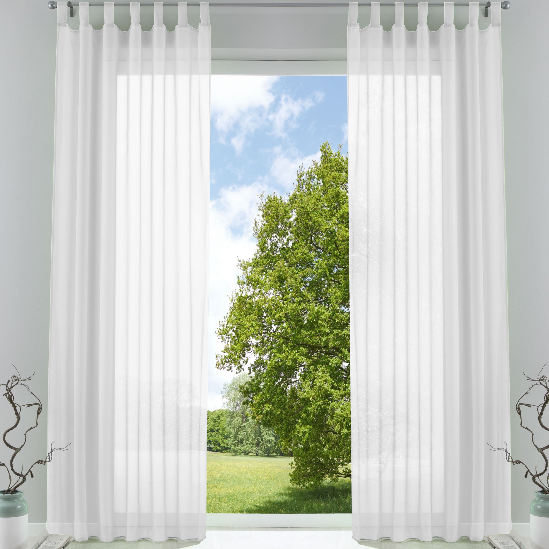 2er-Pack Gardinen Transparent Vorhang Set Wohnzimmer Voile Schlaufenschal mit Bleibandabschluß 61000CN Weiß HxB 245x140 cm Gardinen Set 61000CNweiss | Gardinenbox.de