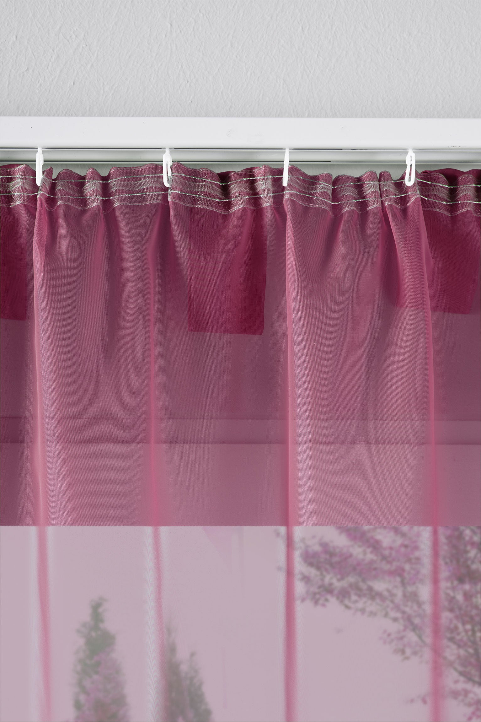 2er-Pack Gardinen Transparent Vorhang Set Wohnzimmer Voile Schlaufenschal mit Bleibandabschluß 61000CN Gardinen Set 61175_schiene_himbeere | Gardinenbox.de