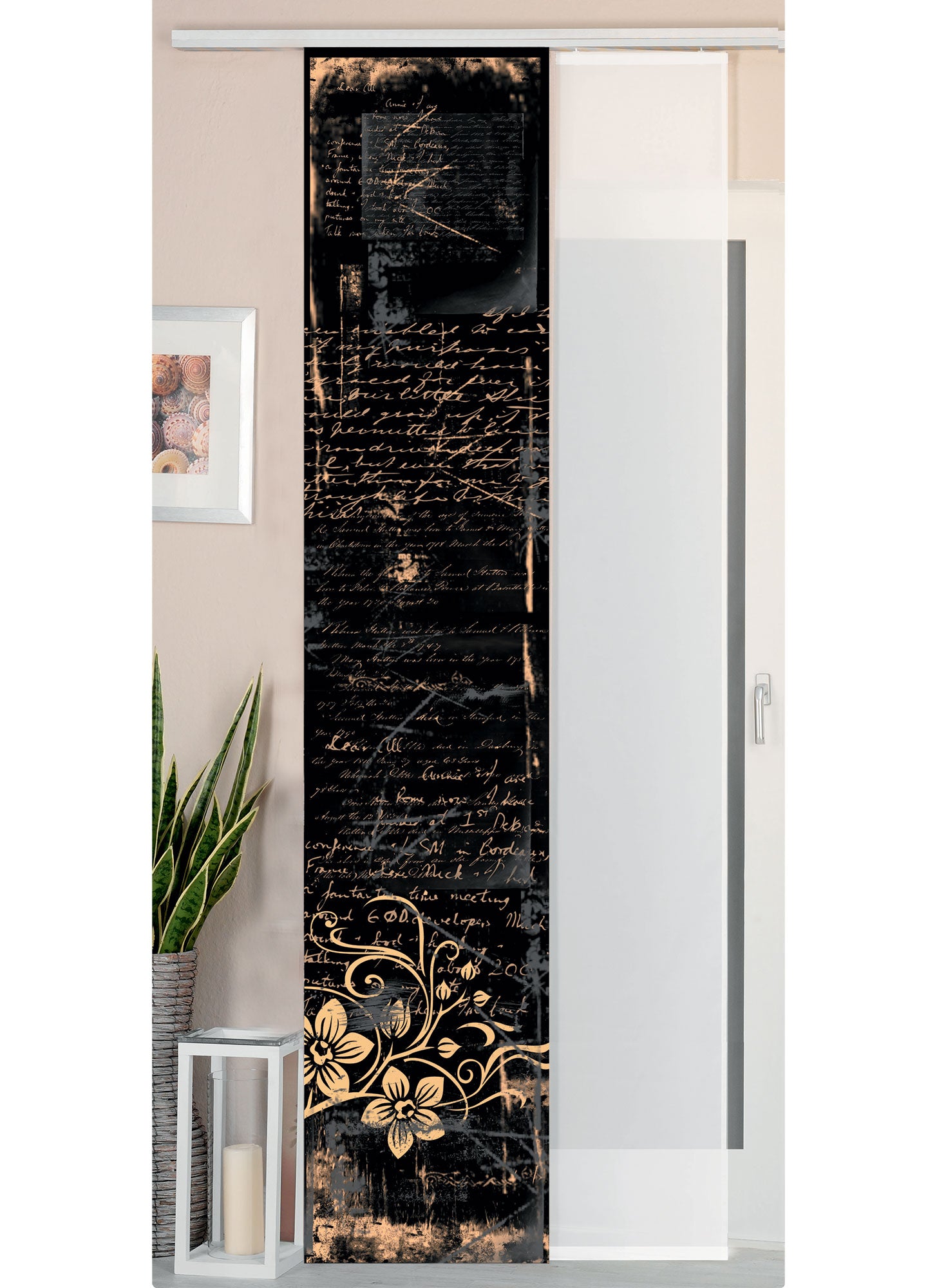 2er Set Schiebegardine Flächenvorhang Wildseide Optik und Voile Paneel 80400 Schrift Schiebegardine 80400schrift | Gardinenbox.de