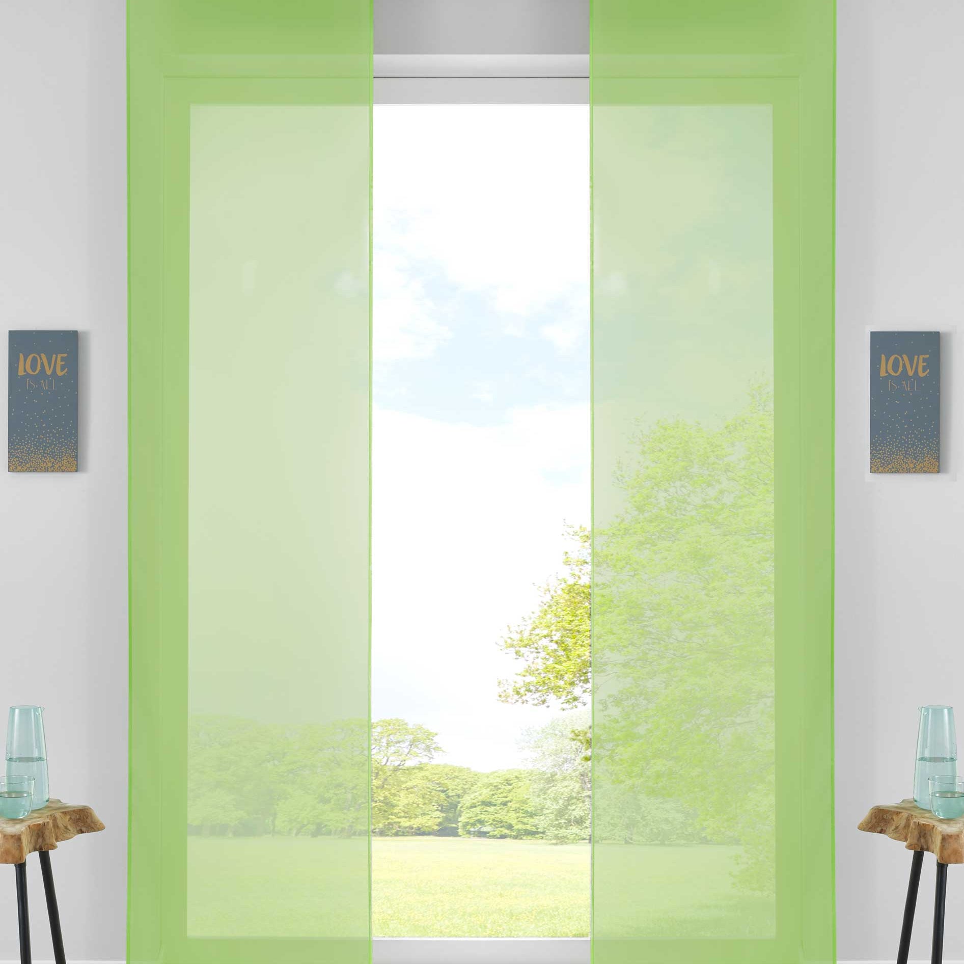 2er Set Schiebegardinen Flächenvorhänge Vorhang Gardine Schiebe Komplett mit Paneelwagen Beschwerungsstange 85589N2 Apfelgrün Schiebegardine 85589N2apfelgruen | Gardinenbox.de