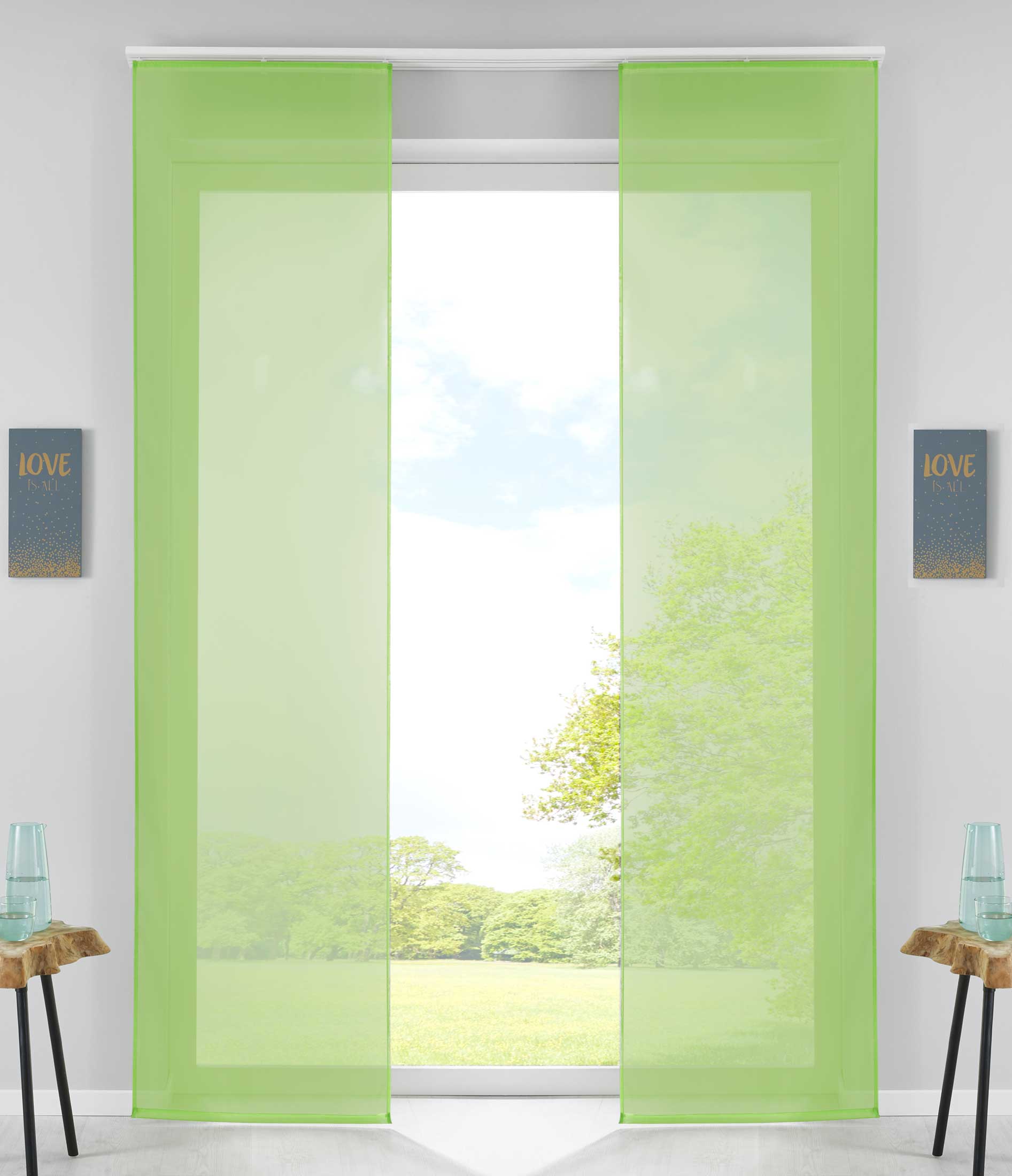 2er Set Schiebegardinen Flächenvorhänge Vorhang Gardine Schiebe Komplett mit Paneelwagen Beschwerungsstange 85589N2 Apfelgrün Schiebegardine 85589N2apfelgruen | Gardinenbox.de