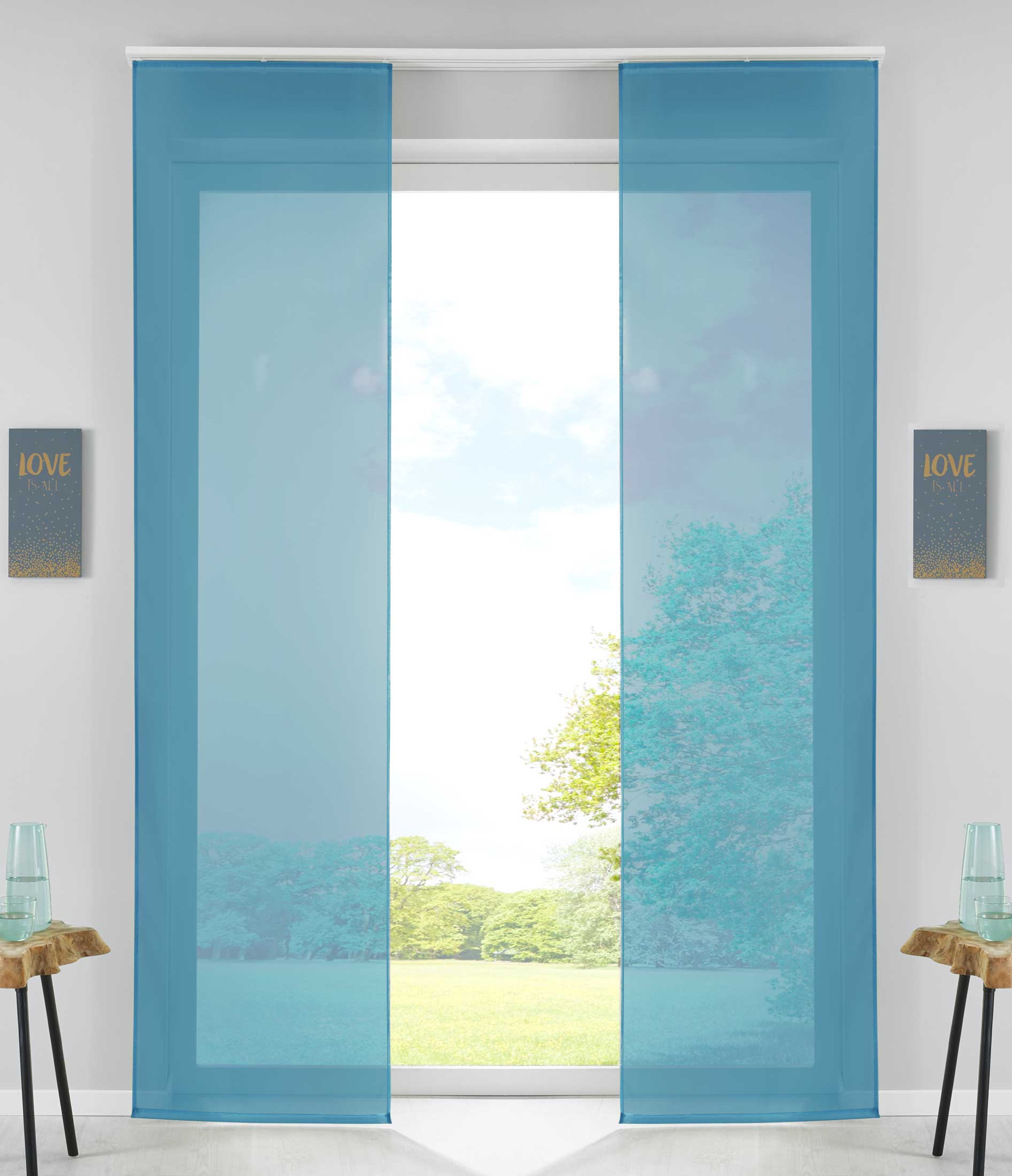2er Set Schiebegardinen Flächenvorhänge Vorhang Gardine Schiebe Komplett mit Paneelwagen Beschwerungsstange 85589N2 Blau Schiebegardine 85589N2blau | Gardinenbox.de