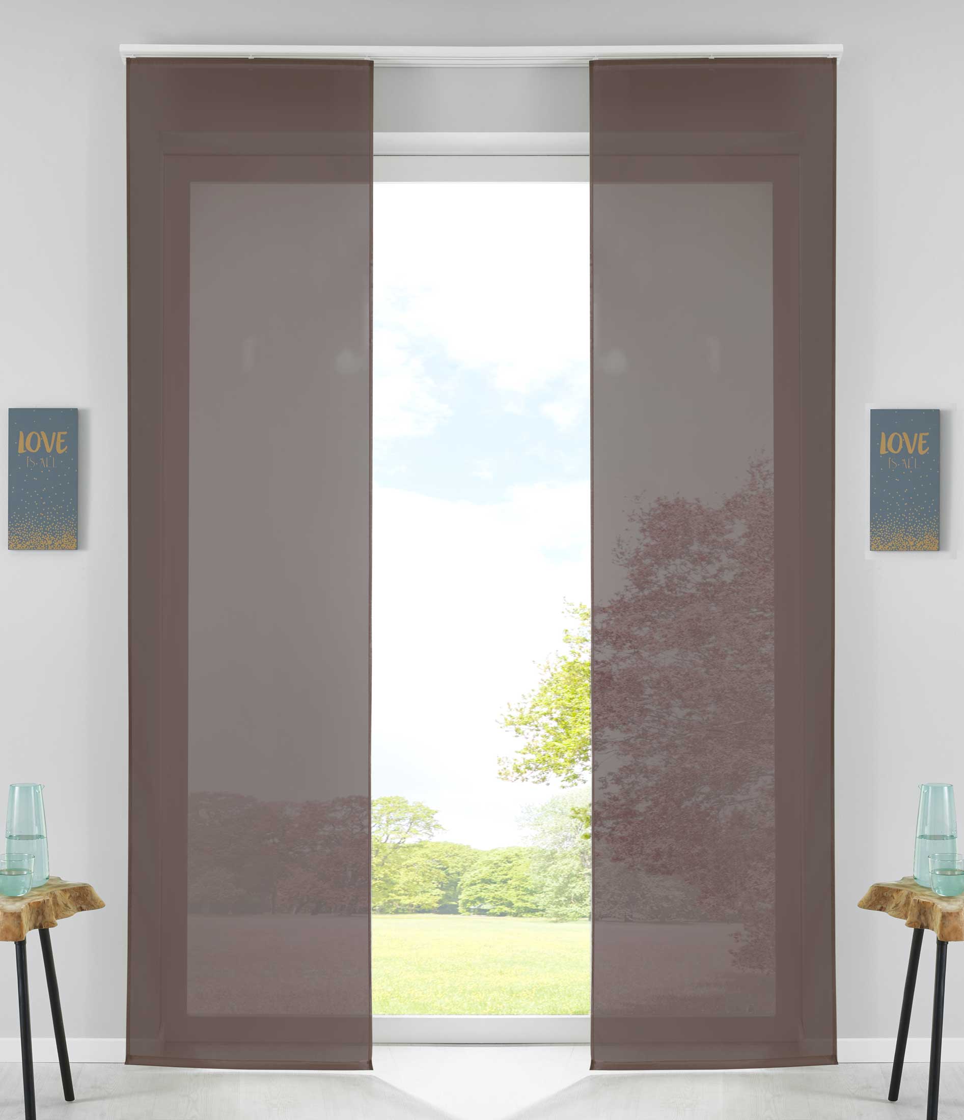 2er Set Schiebegardinen Flächenvorhänge Vorhang Gardine Schiebe Komplett mit Paneelwagen Beschwerungsstange 85589N2 Braun Schiebegardine 85589N2braun | Gardinenbox.de