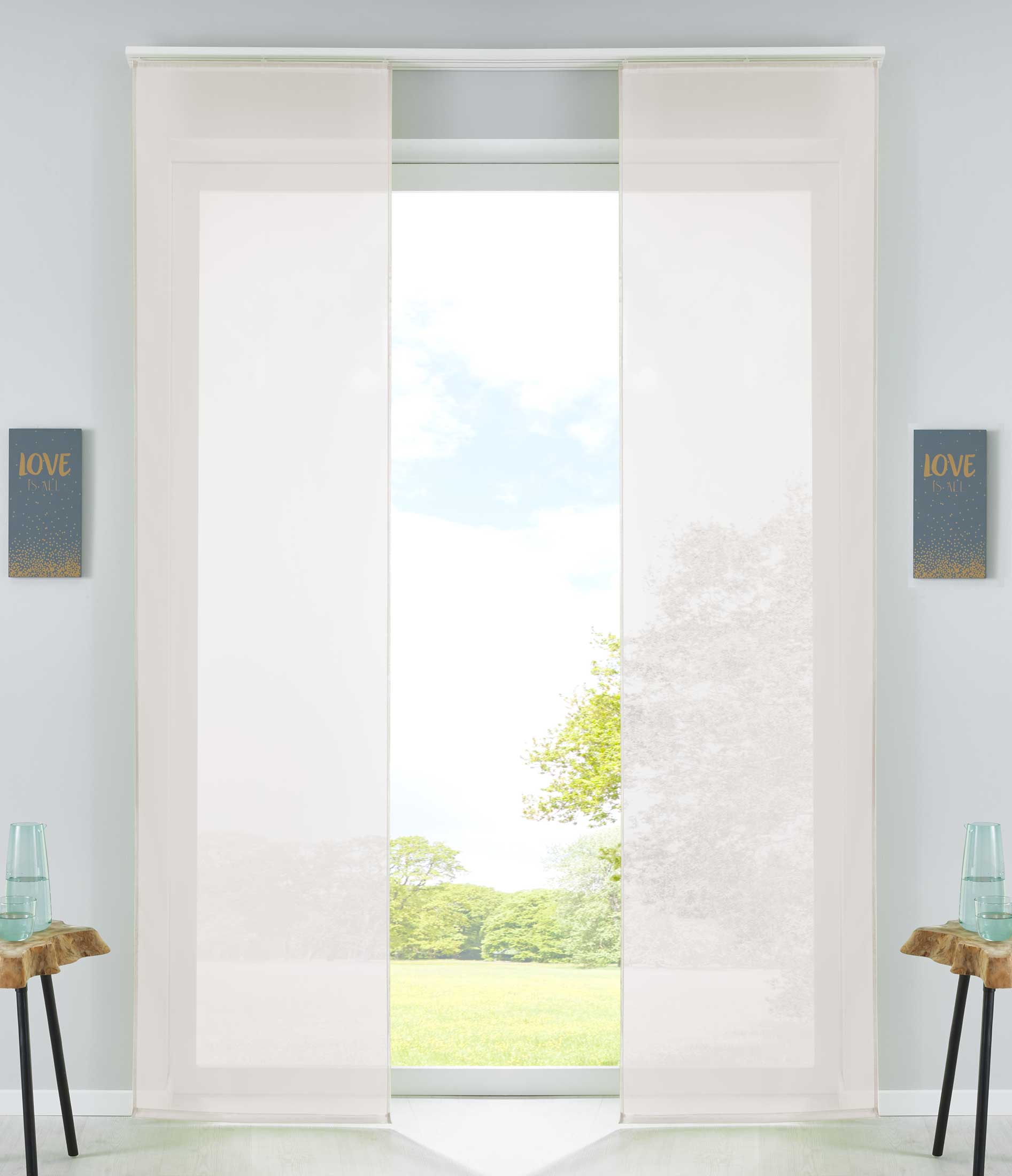 2er Set Schiebegardinen Flächenvorhänge Vorhang Gardine Schiebe Komplett mit Paneelwagen Beschwerungsstange 85589N2 Creme Schiebegardine 85589N2creme | Gardinenbox.de