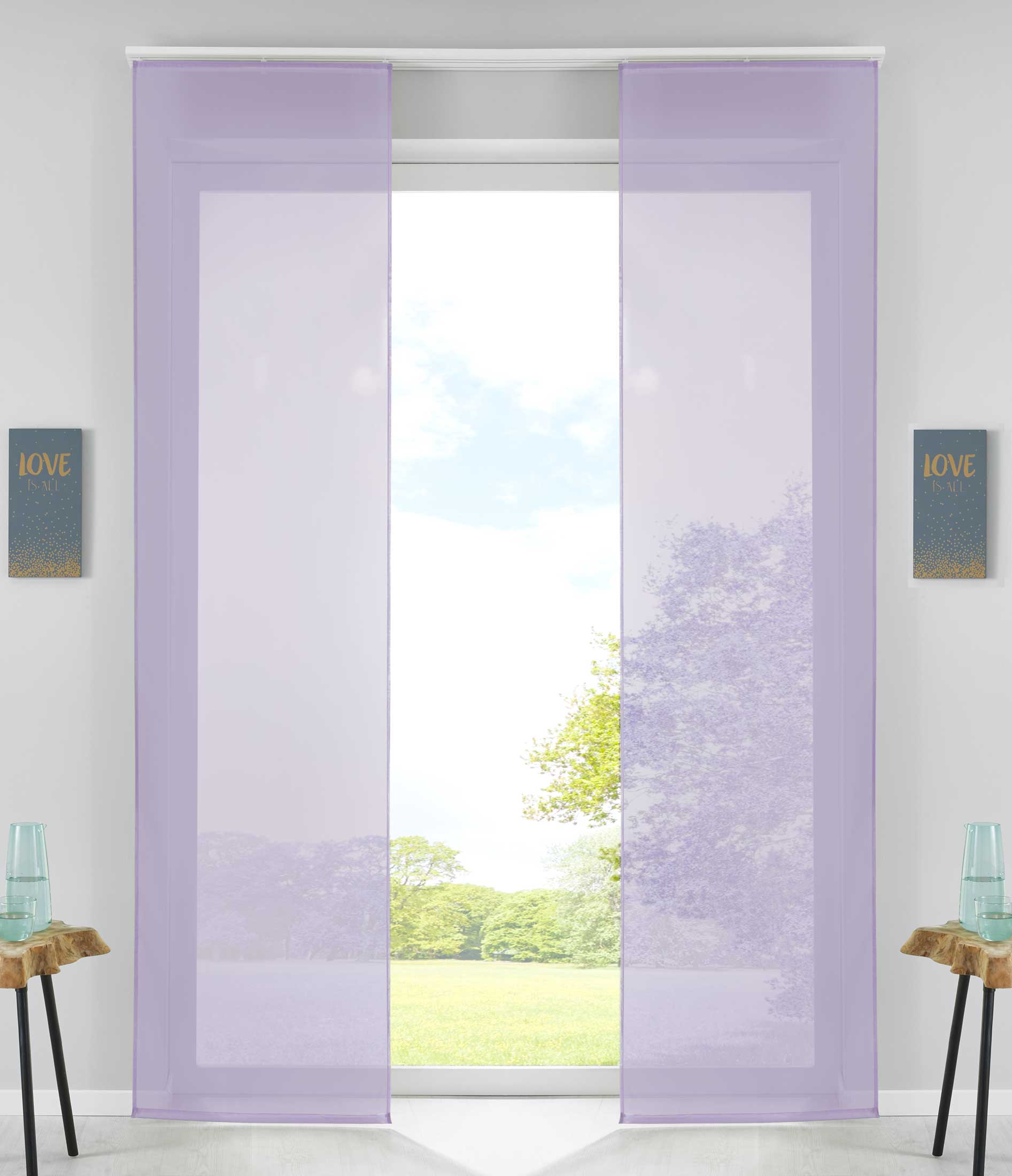 2er Set Schiebegardinen Flächenvorhänge Vorhang Gardine Schiebe Komplett mit Paneelwagen Beschwerungsstange 85589N2 Flieder Schiebegardine 85589N2flieder | Gardinenbox.de