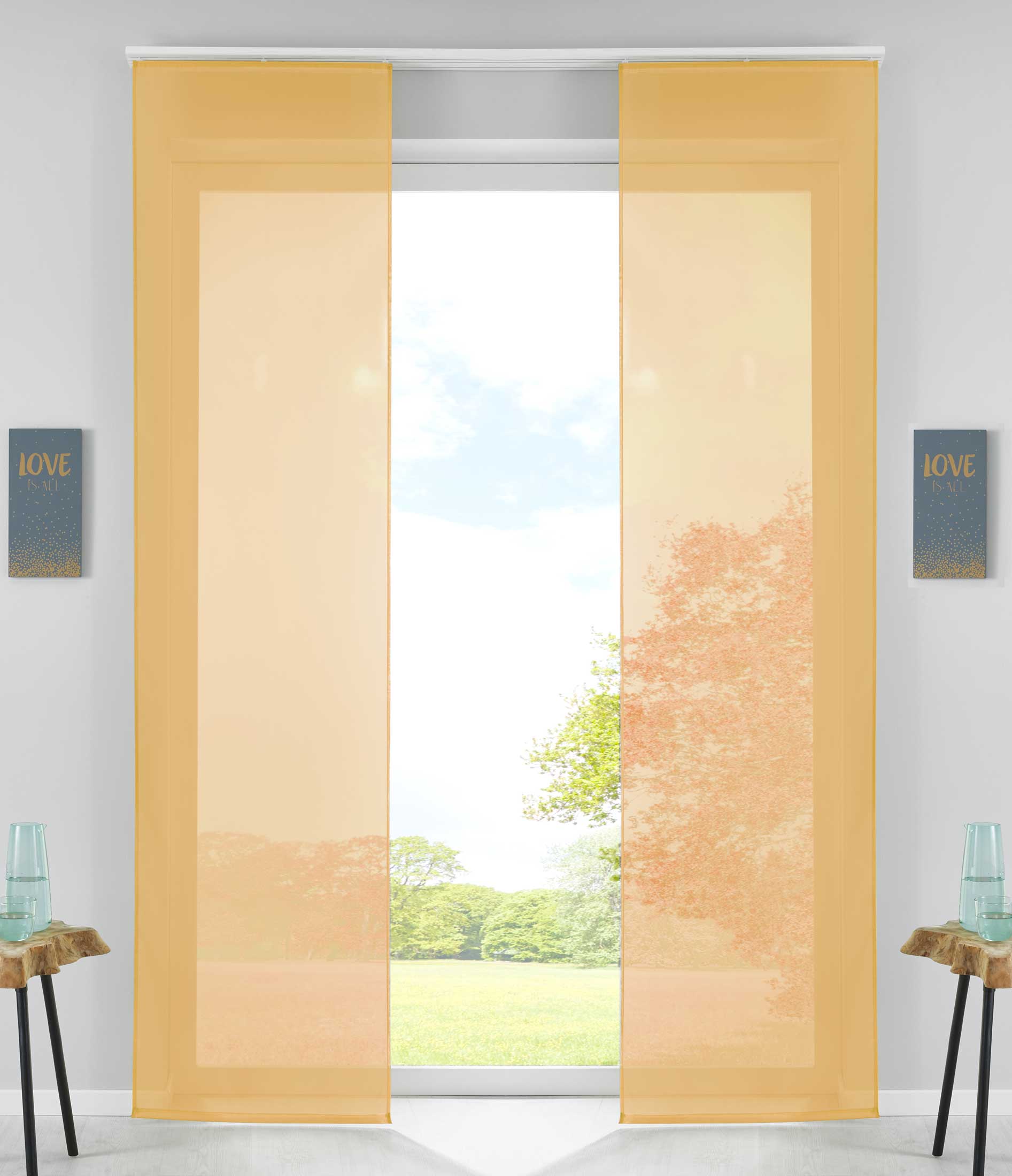 2er Set Schiebegardinen Flächenvorhänge Vorhang Gardine Schiebe Komplett mit Paneelwagen Beschwerungsstange 85589N2 Gelb Schiebegardine 85589N2gelb | Gardinenbox.de