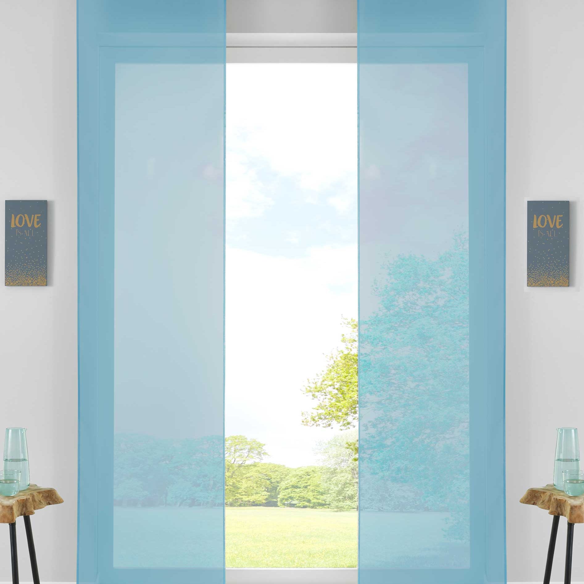 2er Set Schiebegardinen Flächenvorhänge Vorhang Gardine Schiebe Komplett mit Paneelwagen Beschwerungsstange 85589N2 Hellblau Schiebegardine 85589N2hellblau | Gardinenbox.de