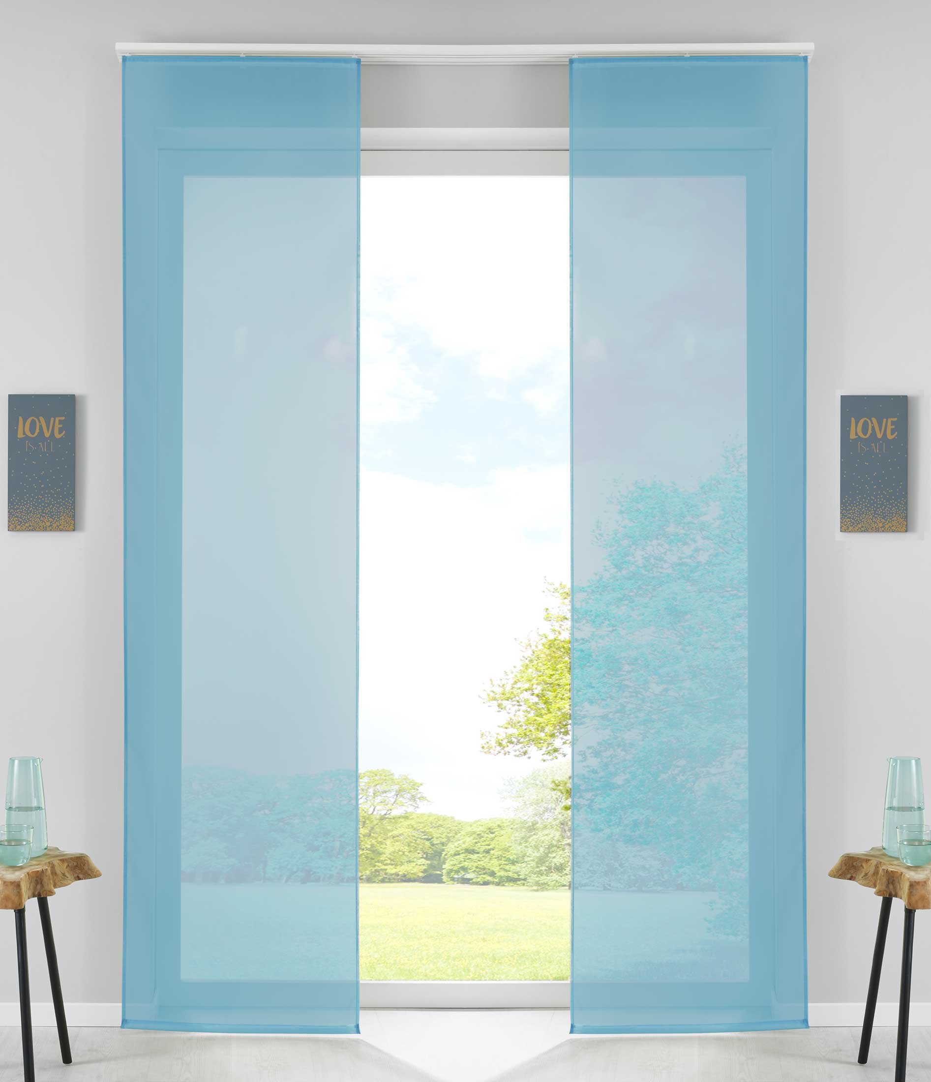 2er Set Schiebegardinen Flächenvorhänge Vorhang Gardine Schiebe Komplett mit Paneelwagen Beschwerungsstange 85589N2 Hellblau Schiebegardine 85589N2hellblau | Gardinenbox.de