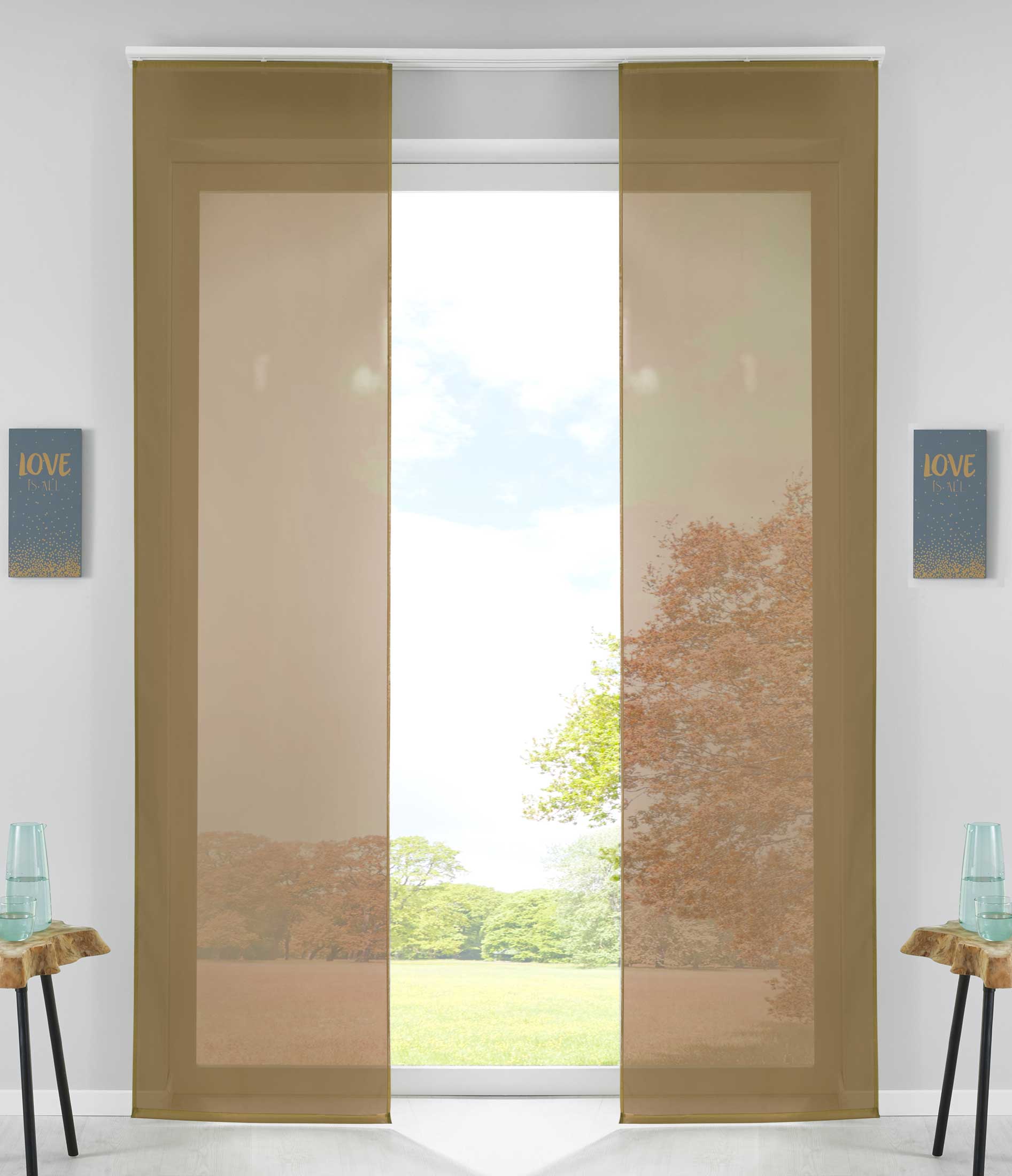 2er Set Schiebegardinen Flächenvorhänge Vorhang Gardine Schiebe Komplett mit Paneelwagen Beschwerungsstange 85589N2 Nougat Schiebegardine 85589N2nougat | Gardinenbox.de