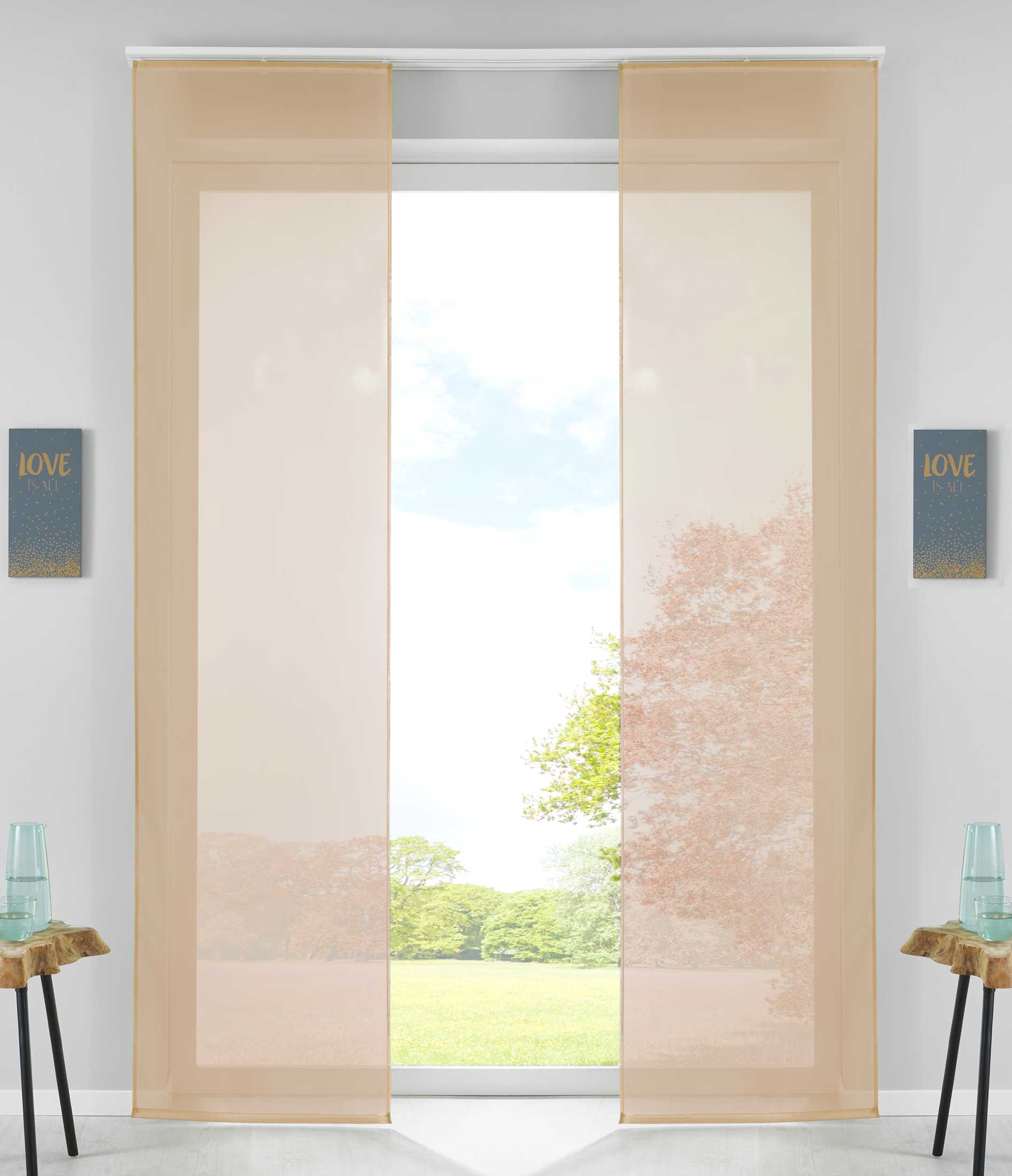 2er Set Schiebegardinen Flächenvorhänge Vorhang Gardine Schiebe Komplett mit Paneelwagen Beschwerungsstange 85589N2 Sand Schiebegardine 85589N2sand | Gardinenbox.de