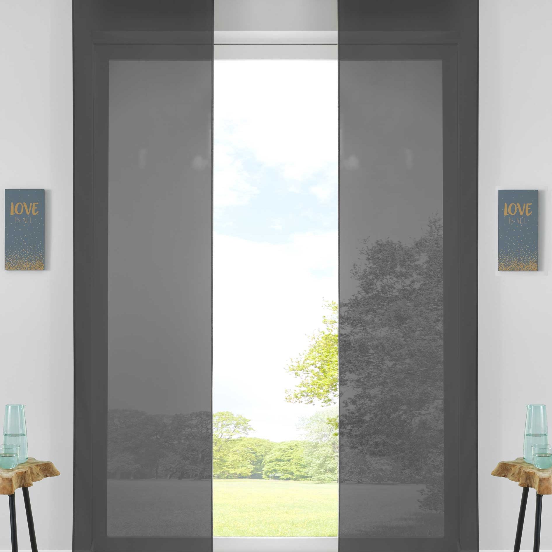 2er Set Schiebegardinen Flächenvorhänge Vorhang Gardine Schiebe Komplett mit Paneelwagen Beschwerungsstange 85589N2 Schwarz Schiebegardine 85589N2schwarz | Gardinenbox.de