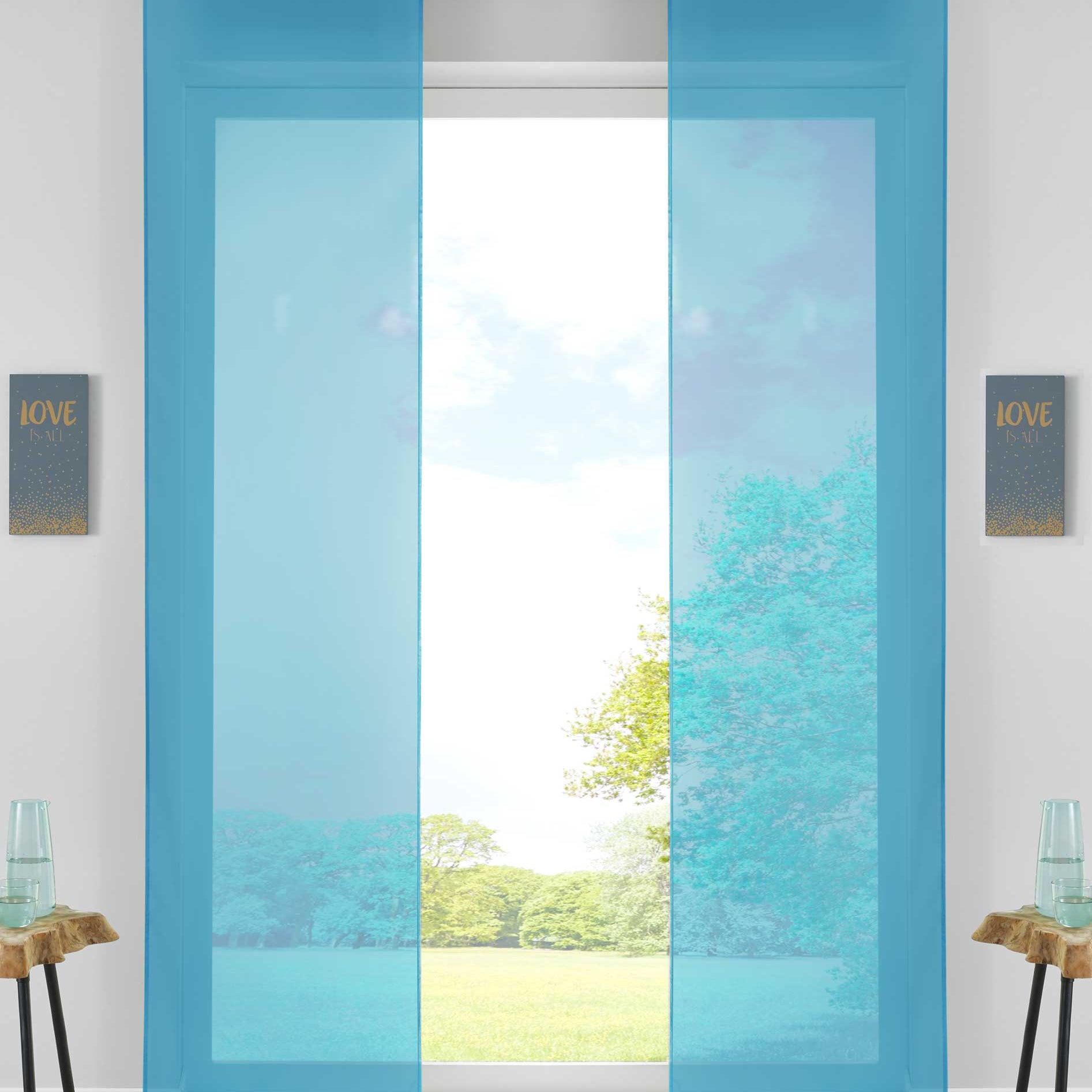 2er Set Schiebegardinen Flächenvorhänge Vorhang Gardine Schiebe Komplett mit Paneelwagen Beschwerungsstange 85589N2 Türkis Schiebegardine 85589N2tuerkis | Gardinenbox.de