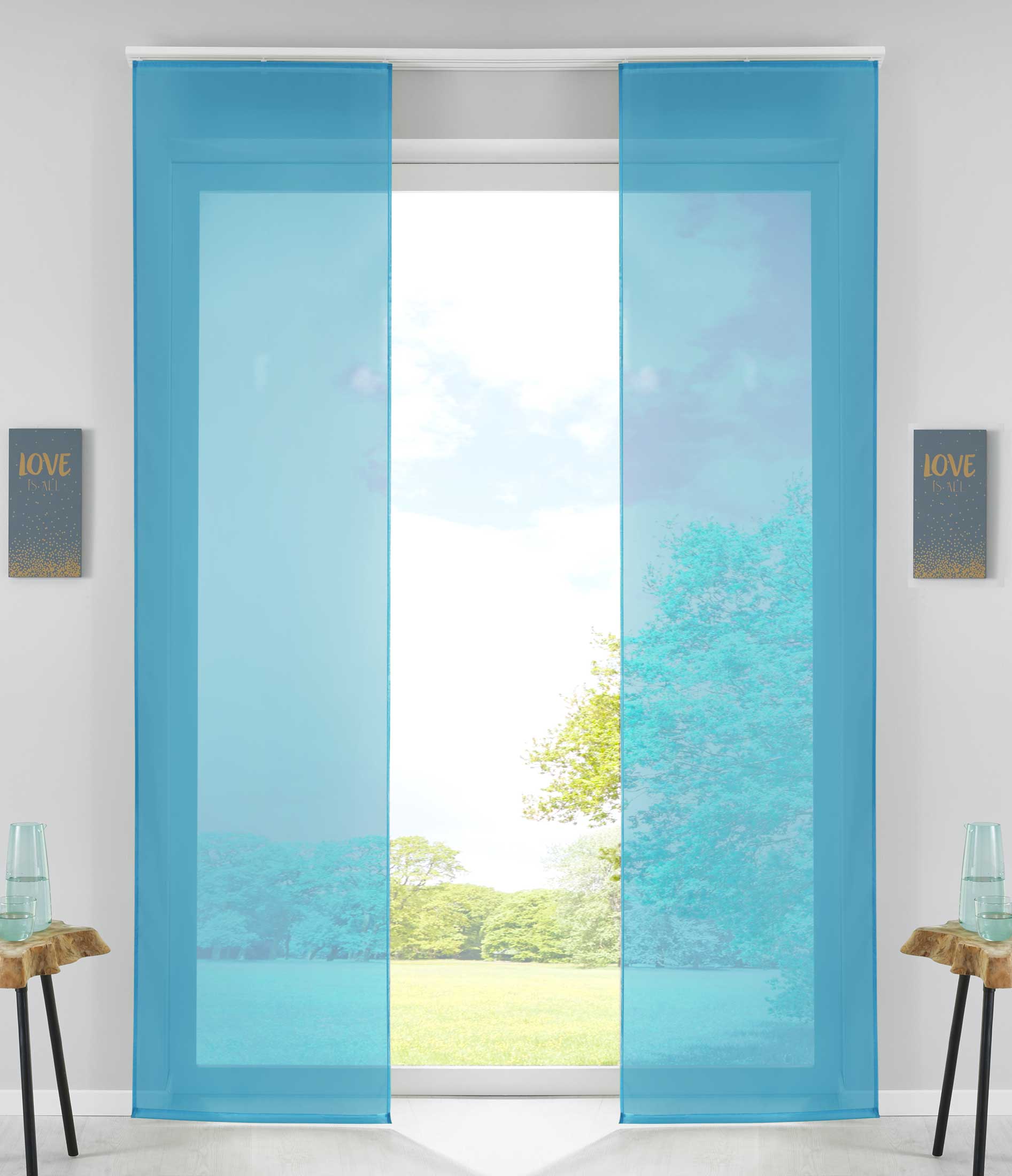 2er Set Schiebegardinen Flächenvorhänge Vorhang Gardine Schiebe Komplett mit Paneelwagen Beschwerungsstange 85589N2 Türkis Schiebegardine 85589N2tuerkis | Gardinenbox.de