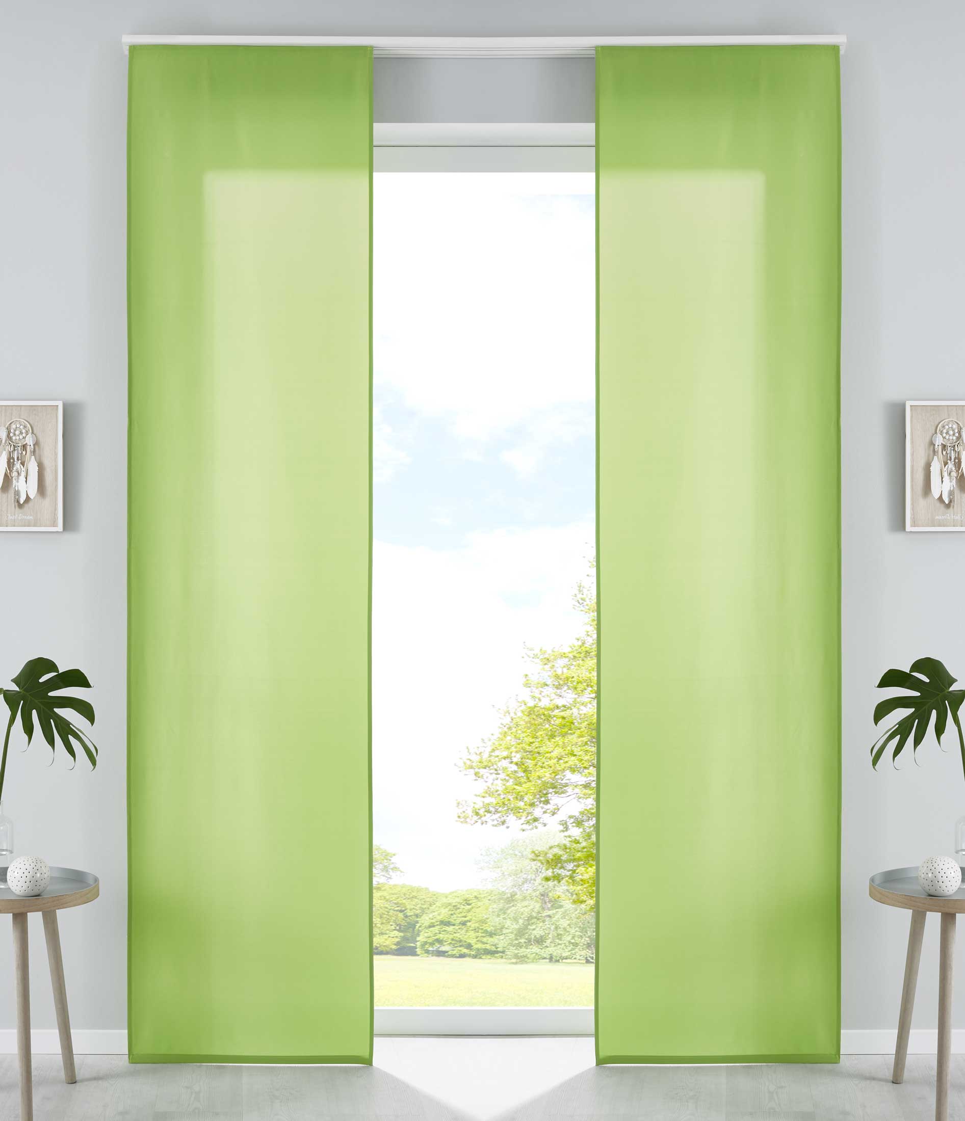 2er Set Schiebegardinen Flächenvorhänge Mikrofaser Vorhang Gardine Schiebe Matt Paneelwagen Beschwerungsstangen 85600N2 Apfelgrün Schiebegardine 85600N2apfelgruen | Gardinenbox.de