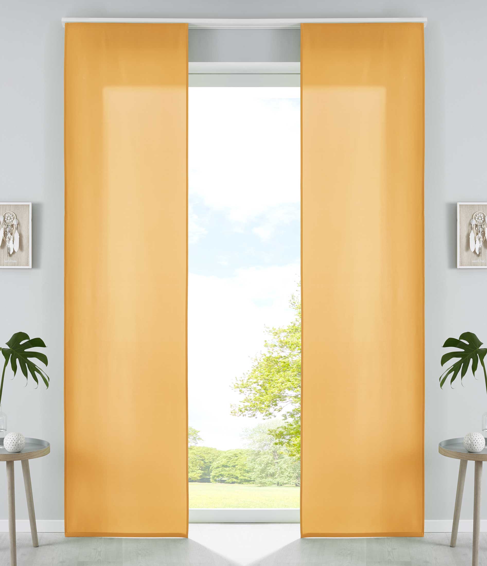 2er Set Schiebegardinen Flächenvorhänge Mikrofaser Vorhang Gardine Schiebe Matt Paneelwagen Beschwerungsstangen 85600N2 Gelb Schiebegardine 85600N2gelb | Gardinenbox.de